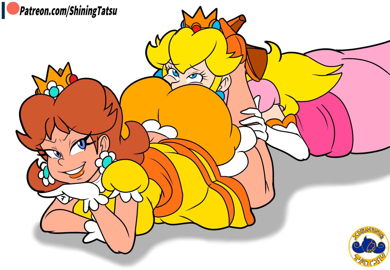 2girls, armwear, big ass, big breasts, blonde female, blonde hair, bloomers, blue eyes, breasts, brown hair, crown, dark hair, dress, earrings, face in ass, facesitting, female, firegon55, gloves, hand on chin, high heels, holding leg, human, human only, laying on stomach, leg lock, legs, light-skinned female, lipstick, mario (series), orange clothing, pink clothing, princess, princess daisy, princess peach, pushing head, shadow, shiningtatsu, smug, sniffing ass, supergon55, tagme, tan body, white background, yellow clothing, yuri