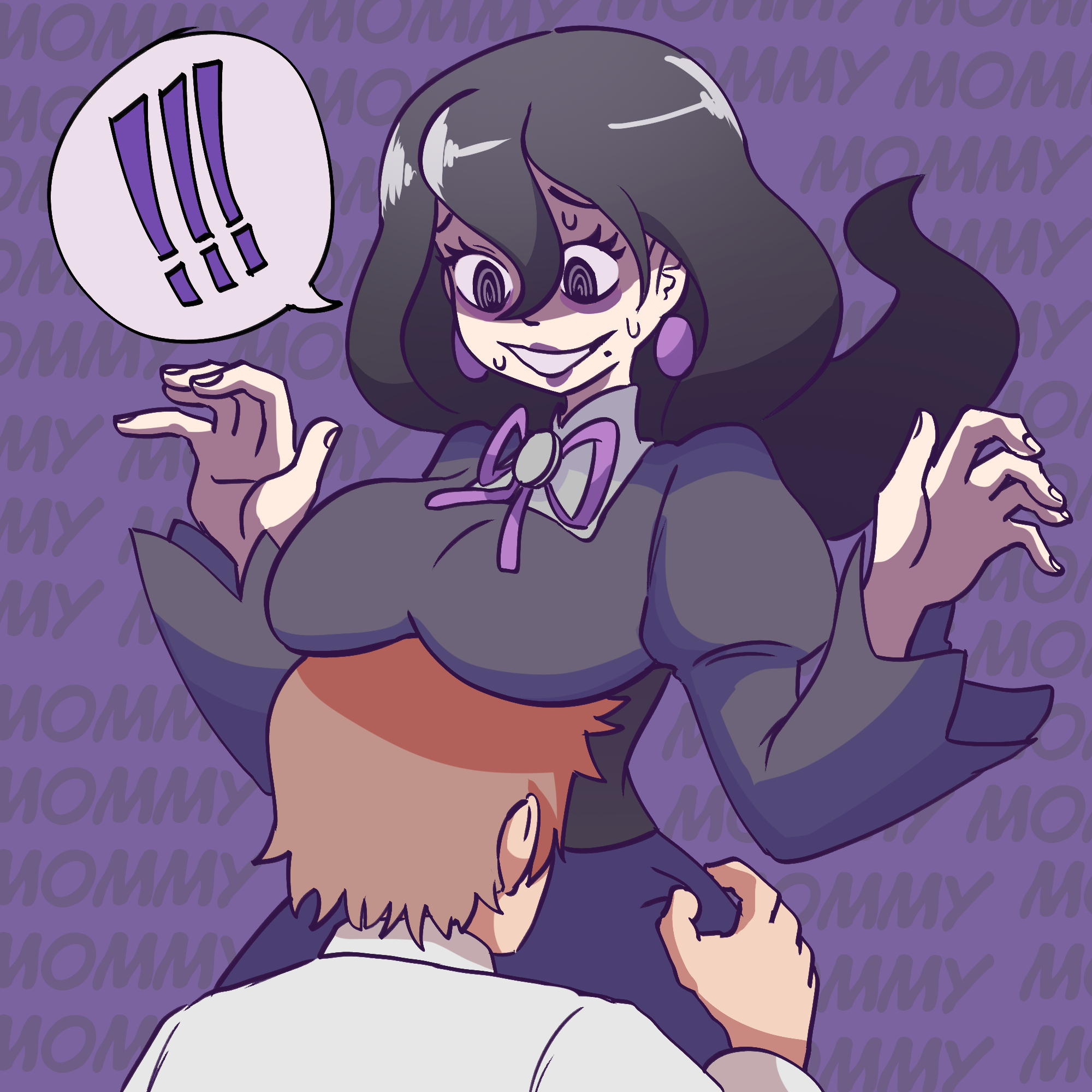 !, !!, @ @, 1boy, 1girls, alternate breast size (larger), black hair, breast smother, breasts, breasts on head, brown hair, dress, earrings, embarrassed, english text, face to breasts, female, game freak, hex maniac, hex maniac (pokemon legends: z-a), highres, jewelry, large breasts, lips, long hair, looking down, male, mature female, nervous, nintendo, pokemon, pokemon legends: z-a, purple background, purple eyes, purple theme, speech bubble, starlinkman, sweat