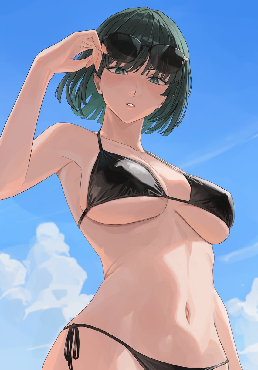 1girls, ano (gccx8784), bikini, black bikini, black-framed eyewear, blue sky, bob cut, breasts, commentary request, day, eyewear on head, female, fubuki (one-punch man), green eyes, green hair, green-haired female, highres, large breasts, navel, one-punch man, parted lips, short hair, side-tie bikini bottom, sky, solo, sunglasses, swimsuit, underboob, upper body