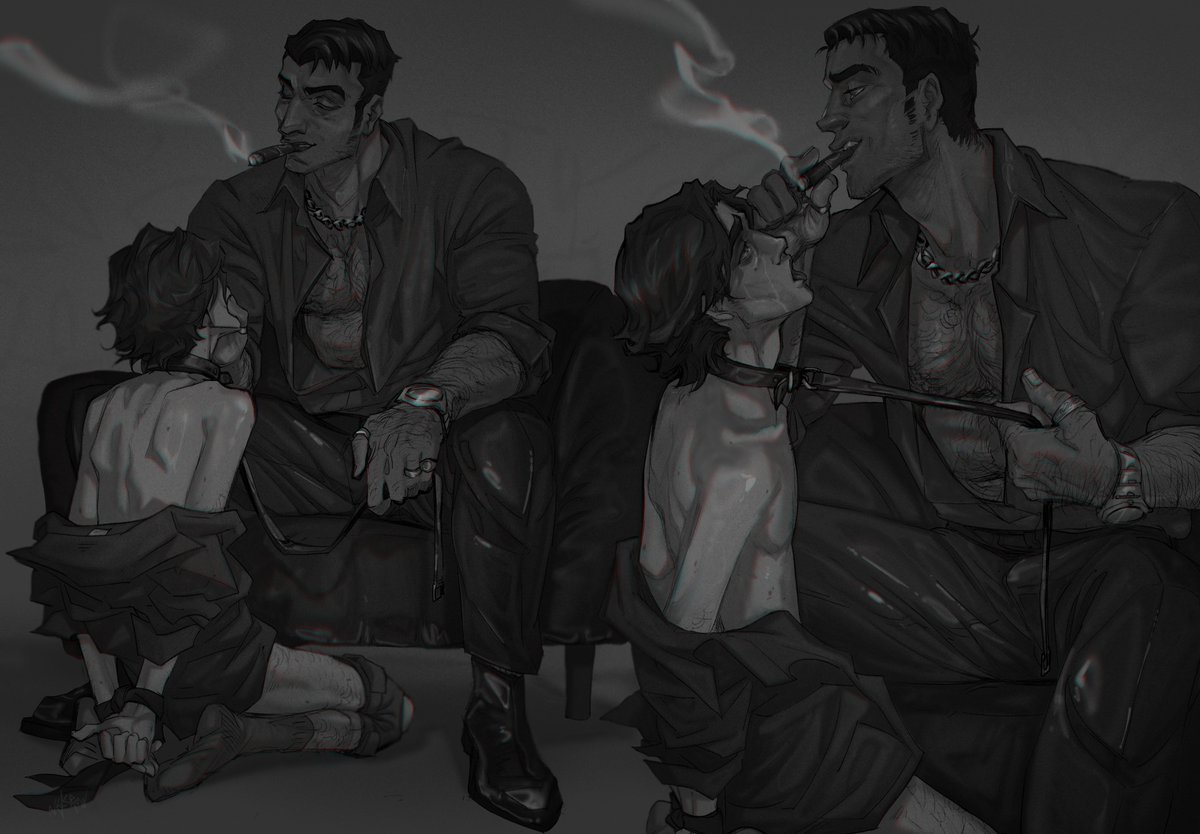 2boys, 2d, 2d (artwork), arcane, arcane jayce, arcane viktor, arched back, arms, ass, beard, beard stubble, before sex, bigger male, black and grey, black and white, bondage, brown hair, chair, chair position, chair sex, cigar, cigarette in mouth, cigarette smoke, circumcised, clothed sex, collar, collar pull, color, colored, crying, crying male, crying rape victim, crying with eyes open, daddy, daddy and twink, dark hair, dark skin, dark-skinned male, digital media (artwork), disabled male, dominant male, fully clothed, gay, gay male, gay sex, giopara, hairy arm, hairy chest, hairy legs, hairy male, hands, holding, jayce, jayce giopara, jayce talis, jayvik, kneeling, kneeling on ground, league of legends, leash, leash and collar, leash pull, leashed collar, light skin, light-skinned male, loving it, male, male focus, male only, male/male, masturbating other, masturbation, moaning, moaning in pleasure, muscular, muscular male, naked, naked male, netcrow98, no pants, no penetration, nude, nude male, pale skin, pale-skinned male, pants, pants down, partially clothed, praise, pre sex, riot games, romantic, romantic couple, romantic sex, rough sex, school, school uniform, sex, shirt down, shoes, sitting, sitting on chair, size difference, skinny male, smaller male, smoking, smoking cigarette, smoking fetish, submissive male, tan skin, teasing, tongue out, tongue out open mouth, twink, viktor (league of legends), yaoi