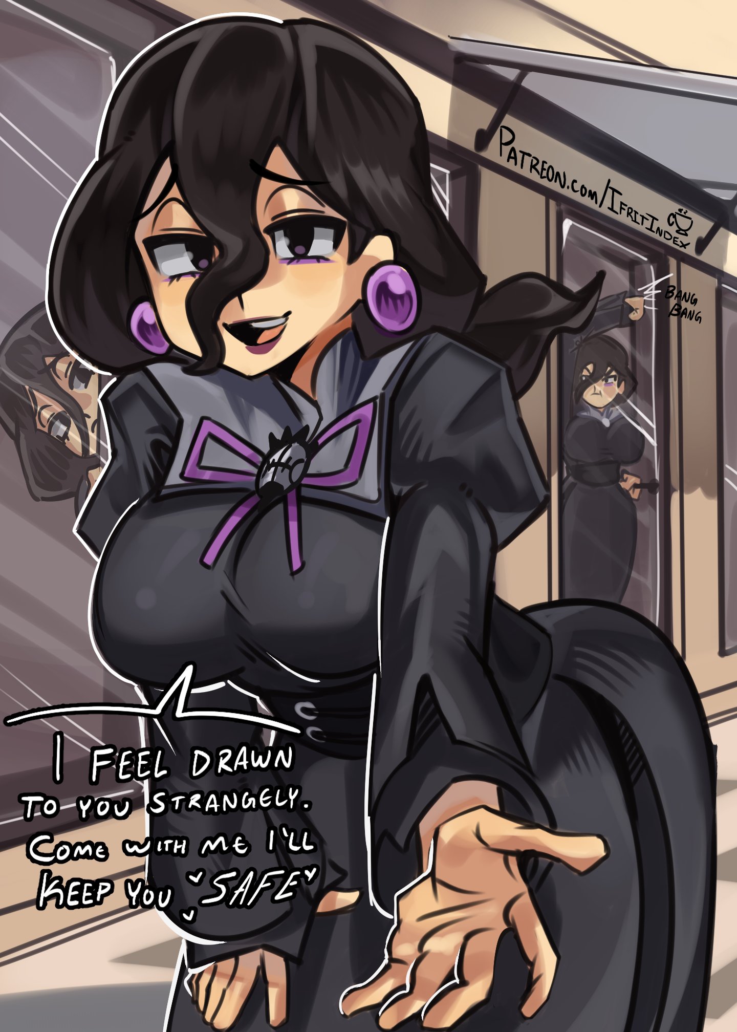 3girls, background character, big breasts, black dress, black eyes, black hair, breast press, breasts, breasts against glass, clothing, door, dress, ear piercing, earrings, english, english text, female, female focus, female only, game freak, hair, heart, hex maniac, hex maniac (pokemon legends: z-a), hips, huge breasts, long hair, mature, mature female, mature woman, moxydrawsmore, onomatopoeia, pokemon, pokemon legends: z-a, solo focus, speech bubble, spoken heart, talking to viewer, text