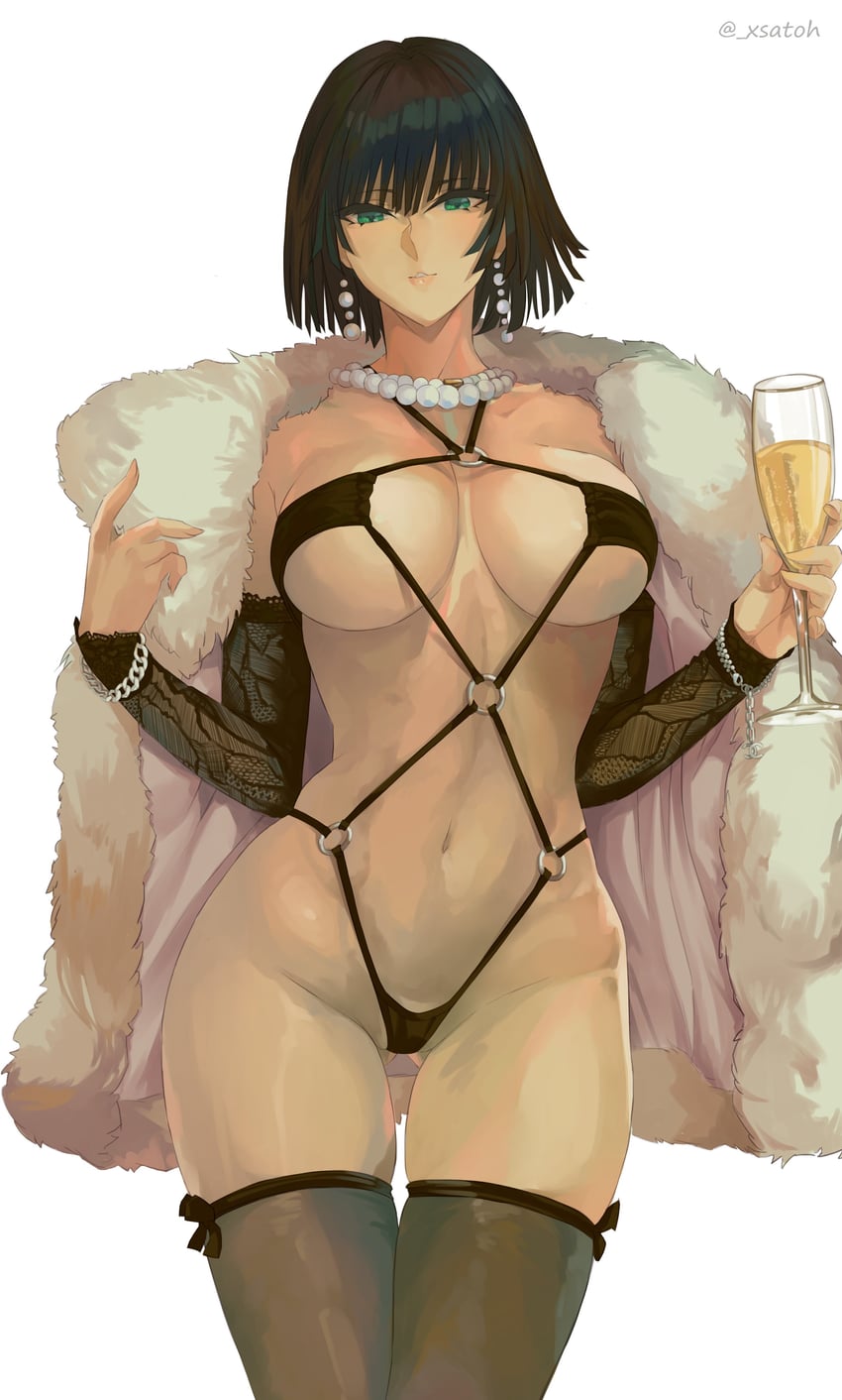 absurdres, alcohol, bikini, black bikini, black hair, breasts, champagne, cup, earrings, female, fubuki (one-punch man), fur jacket, green eyes, groin, highleg, highleg bikini, highres, hip focus, holding, holding cup, jacket, jewelry, large breasts, looking at viewer, micro bikini, navel, necklace, one-punch man, solo, stomach, swimsuit, thighhighs, thighs, tight clothes, underboob, xsatoh