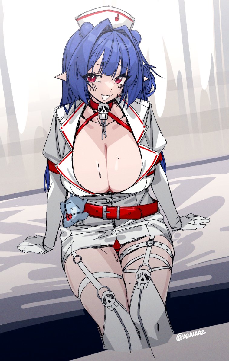 1girls, blue hair, breasts, cleavage, dizzy dokuro, female, female only, huge breasts, nurse, nurse uniform, phase connect, tagme, tilt-shift (azalanz), uniform, virtual youtuber