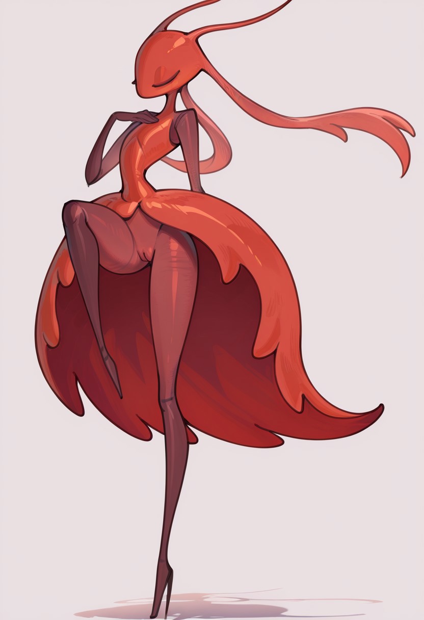 ai generated, ants, closed eyes, female, female only, high heels, hollow knight, hollow knight (franchise), hollow knight: silksong, insects, karmelita, pussy, red dress, skarr (hollow knight), skarrsinger karmelita