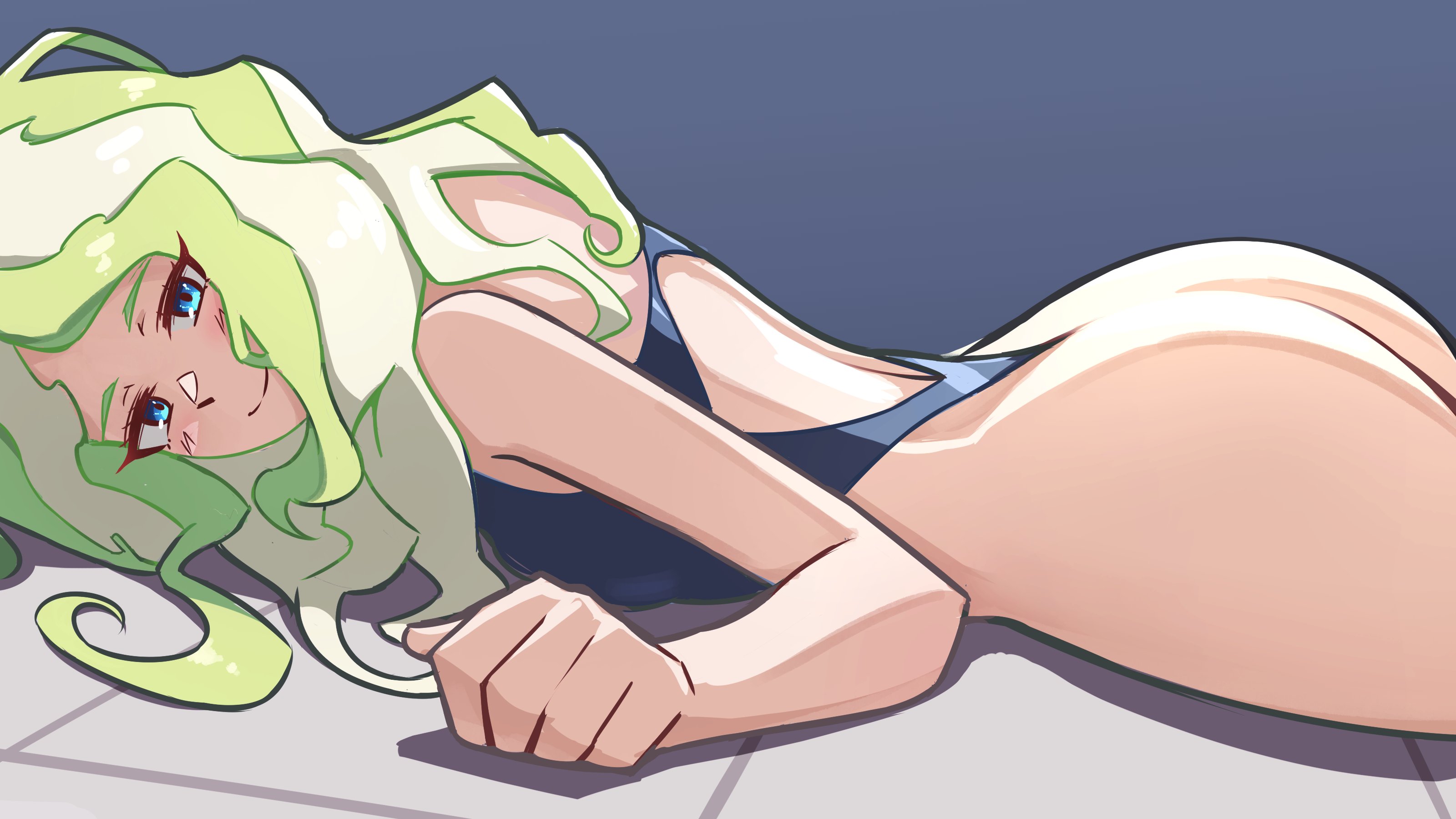 1girls, ass, ass focus, big ass, blue eyes, british female, diana cavendish, female, female only, green hair, little witch academia, looking at viewer, lying on stomach, madabau, madabauillust, studio trigger, swimsuit, thong leotard, wavy hair