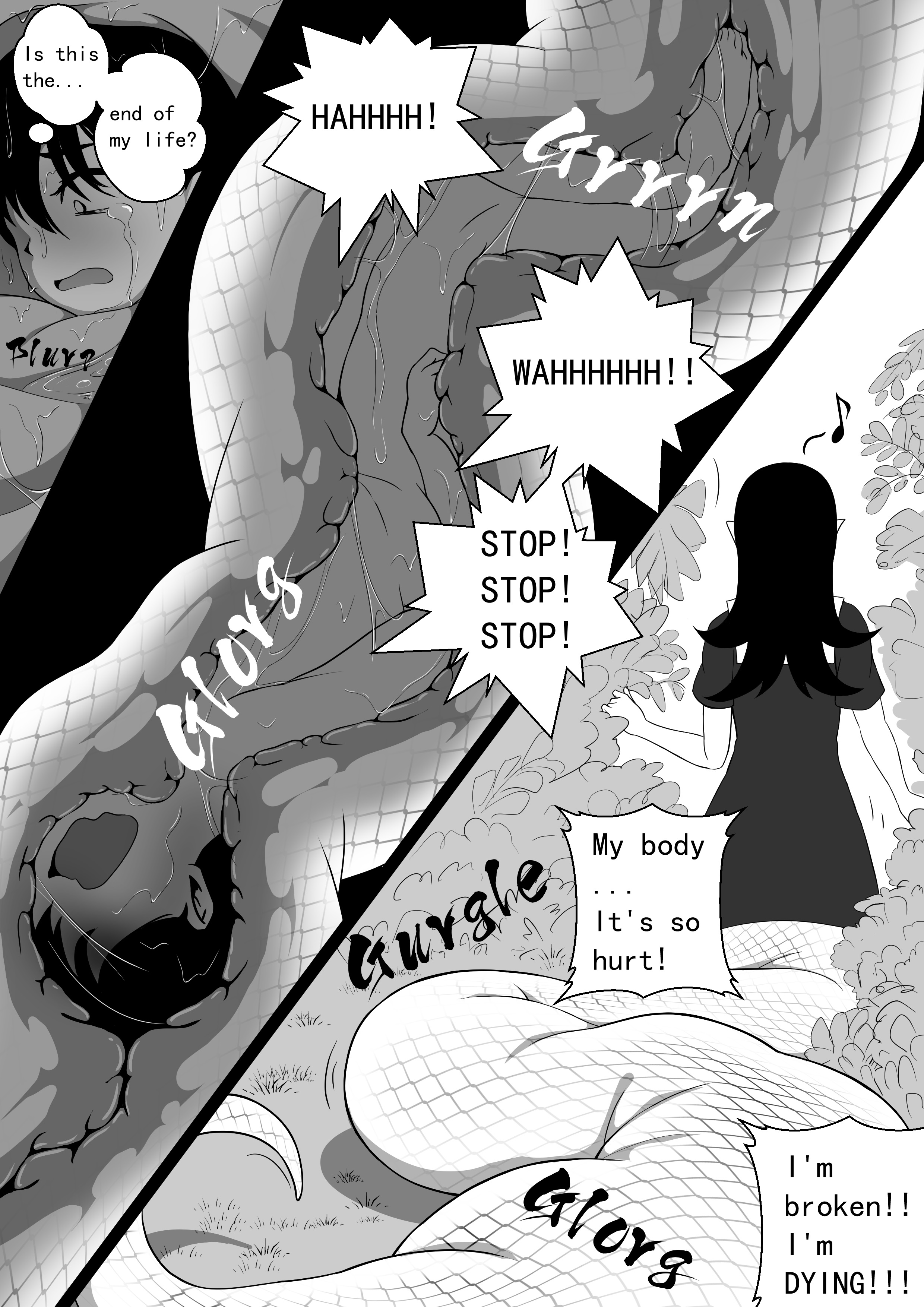 1boy, 1girls, cg17, comic, digestion, female, female pred, lamia, male, monochrome, naga, oral vore, snake, tagme, unwilling prey, vore