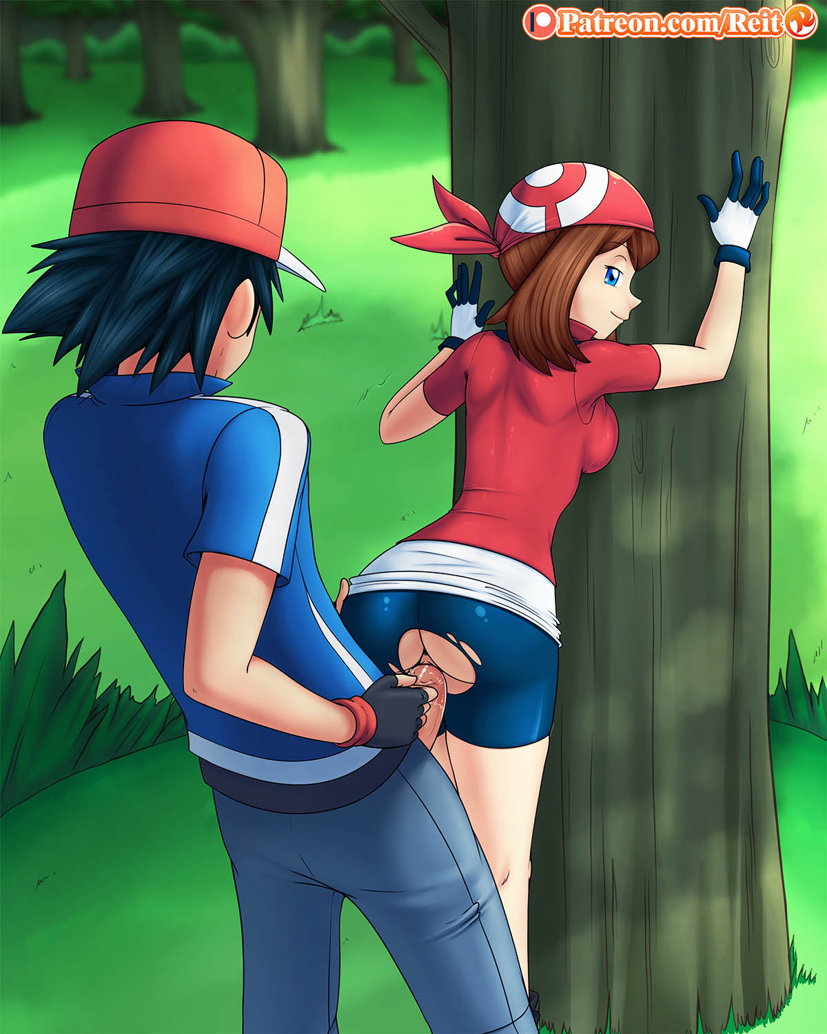 1boy, 1girls, against tree, anus, ass, back, bandana, bike shorts, black hair, blue eyes, breasts, brown hair, clothed, clothed sex, clothing, crotchless, curvy, doggy style, erection, female, forest, from behind, gloves, grass, green background, hat, human, human only, large ass, large penis, looking at viewer, looking back, male, male on female, may (pokemon), medium breasts, nintendo, no panties, outdoors, outside, pants, patreon, penetration, penis, penis out, pokemon, pokemon rgby, pokemon rse, pussy, pussy juice, reit, satoshi (pokemon), sex, shadow, shirt, shoes, skintight, smile, standing, straight, text, torn clothes, tree, url, vaginal penetration, veins, veiny penis, watermark, wet