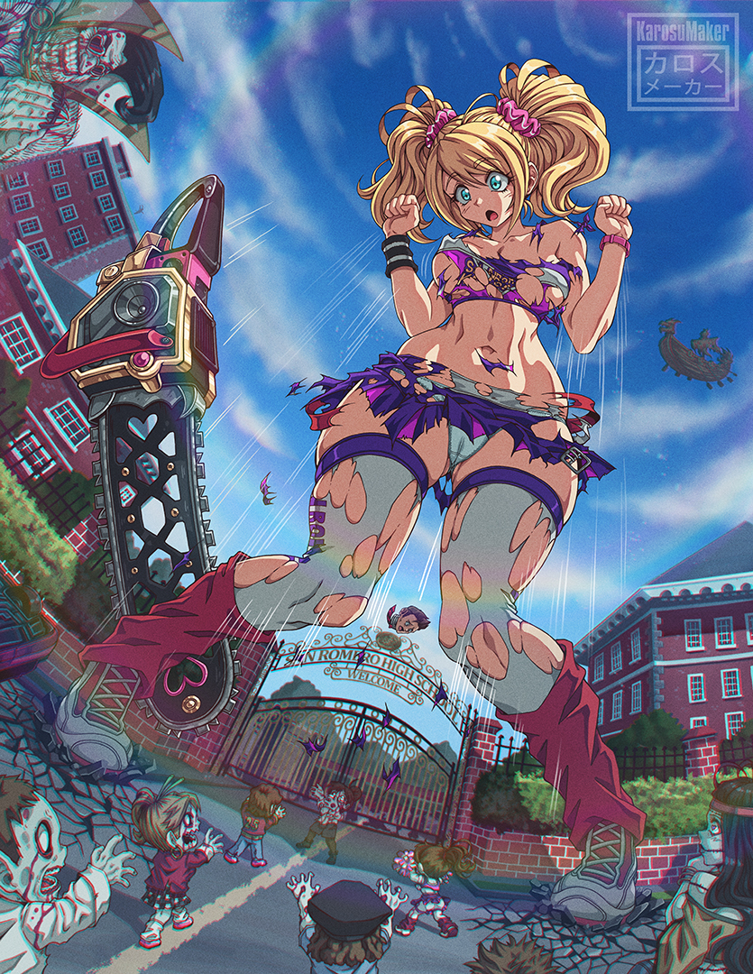2025, alternate version available, blonde hair, cheerleader uniform, commission, giantess, gigantification, growing, growth, juliet starling, karosu maker, karosu-maker, lollipop chainsaw, tagme, torn clothes