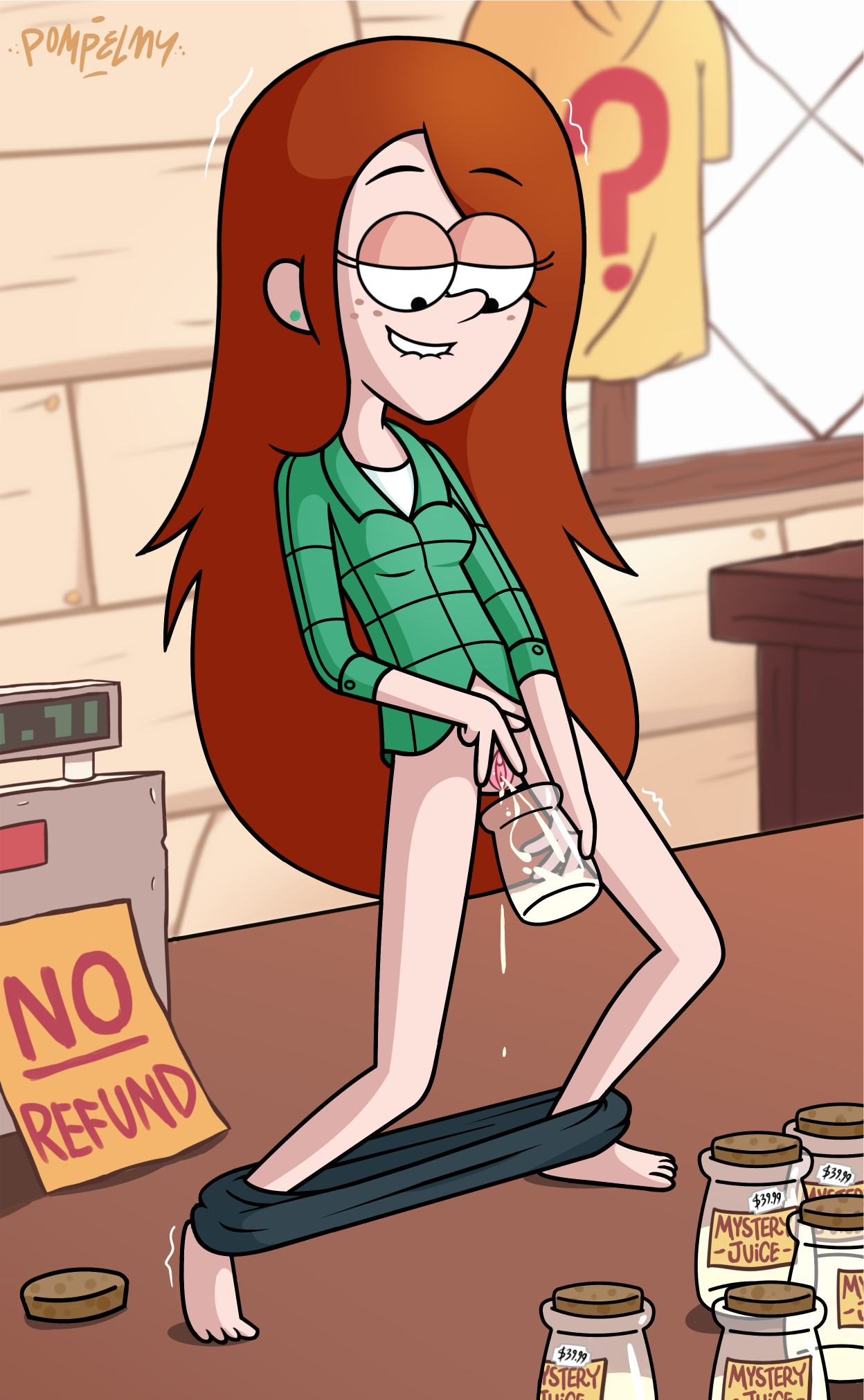 1girls, accurate art style, barefoot, biting lip, bottomless, bottomwear, clothing, disney, disney channel, disney xd, ear piercing, female, female only, female orgasm, flannel, freckles, gravity falls, holding object, jar, jeans, legs apart, light skin, long hair, on table, pants around ankles, pants down, pompelmy, pussy, pussy ejaculation, pussy juice, pussy juice collecting, pussy juice drip, pussy juice trail, red hair, solo, squirt, squirting, straight hair, teenager, vagina, wendy corduroy, white female