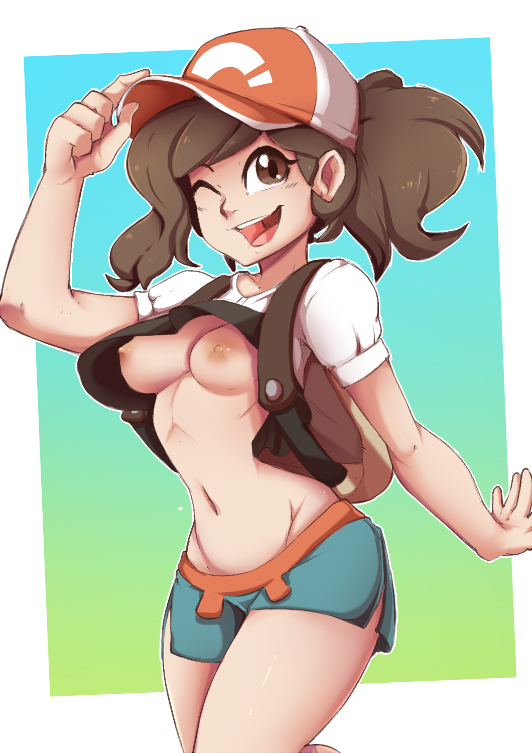 1girls areolae arm_up backpack bag baseball_cap belly blue_background breasts brown_eyes brown_hair elaine_(pokemon) eyelashes female female_only hat human human_only long_hair looking_at_viewer navel nintendo nipples one_eye_closed open_mouth pokemon pokemon_lgpe ponytail rainbowscreen shirt shirt_lift shorts sketch smile solo teeth thin_waist tongue white_border wink