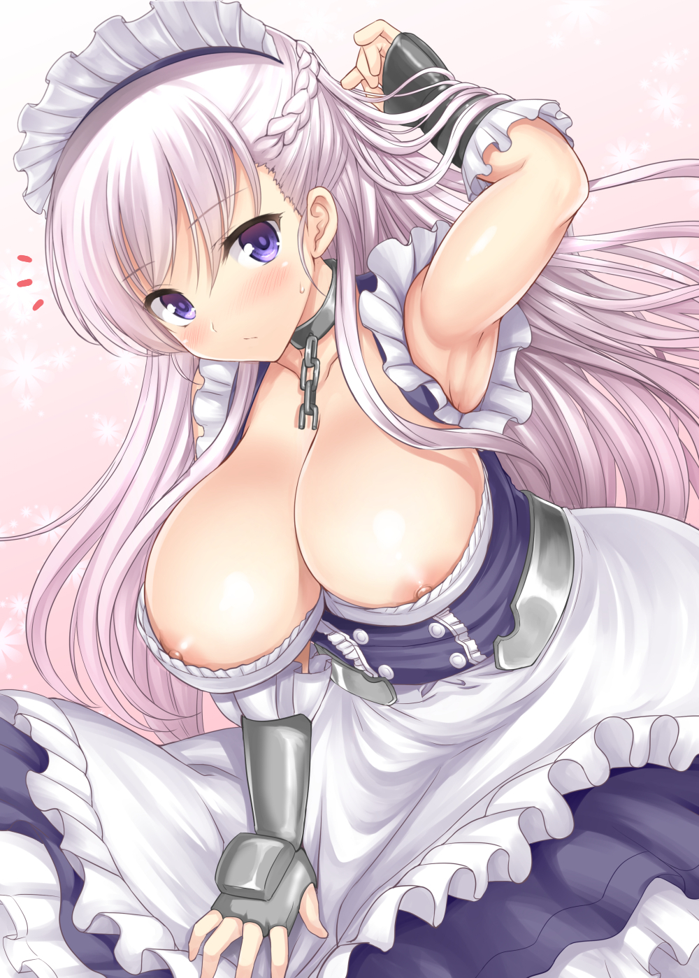 1girls akino_hamo apron areola_slip areolae armpits azur_lane bangs belfast_(azur_lane) blue_eyes blush braid breasts chains choker cleavage closed_mouth collar collarbone commentary_request corset dress dress_tug elbow_gloves embarrassed eyebrows_visible_through_hair female female_only french_braid frilled_gloves frills garter_straps gauntlets gloves hair_between_eyes hand_up hands_together head_tilt heart highres large_breasts light-skinned_female light_skin long_hair looking_at_viewer maid maid_headdress nipple_slip nipples royal_navy_(azur_lane) sidelocks silver_hair sleeveless sleeveless_dress solo thighhighs underbust white_gloves white_legwear