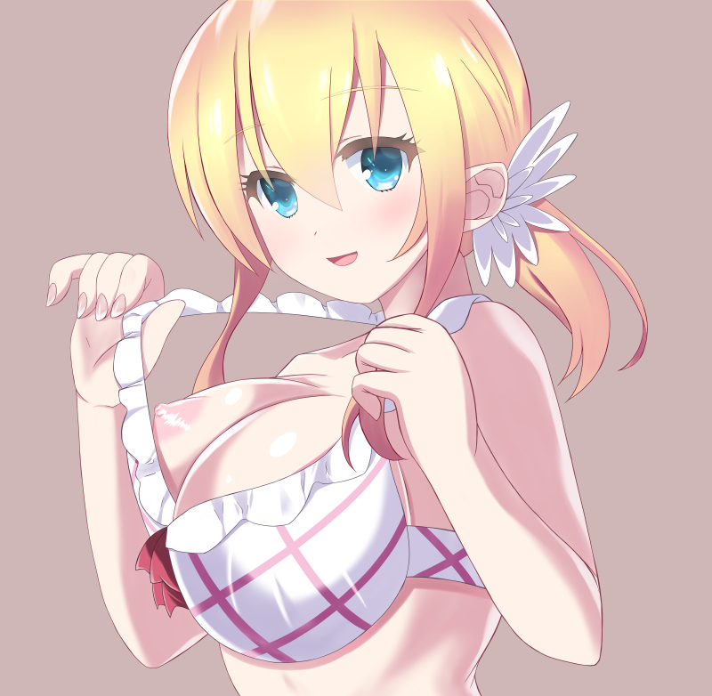 bikini blonde_hair blue_eyes blush breasts comic_girls female koizuka_koyume large_breasts looking_at_viewer nanashi_ren nipples smile solo white_bikini