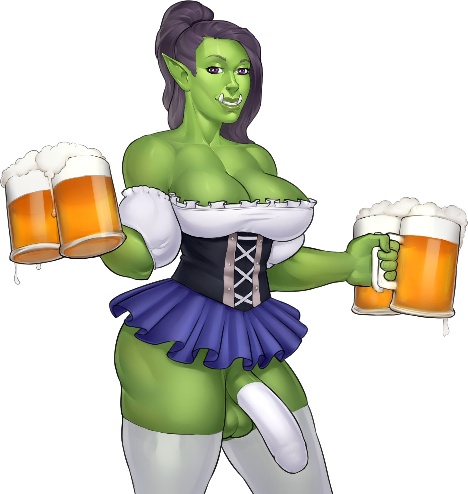 1futa, balls, beer, beer mug, big breasts, big penis, black hair, breasts, casual, cleavage, clothing, cock sleeve, cock sleeve (clothes), dickgirl, erection, futa only, futanari, genitalwear, green skin, highres, intersex, large breasts, legwear, looking at viewer, orc, orc futa, outerwear, penis, solo, solo futa, testicles, wahafagart