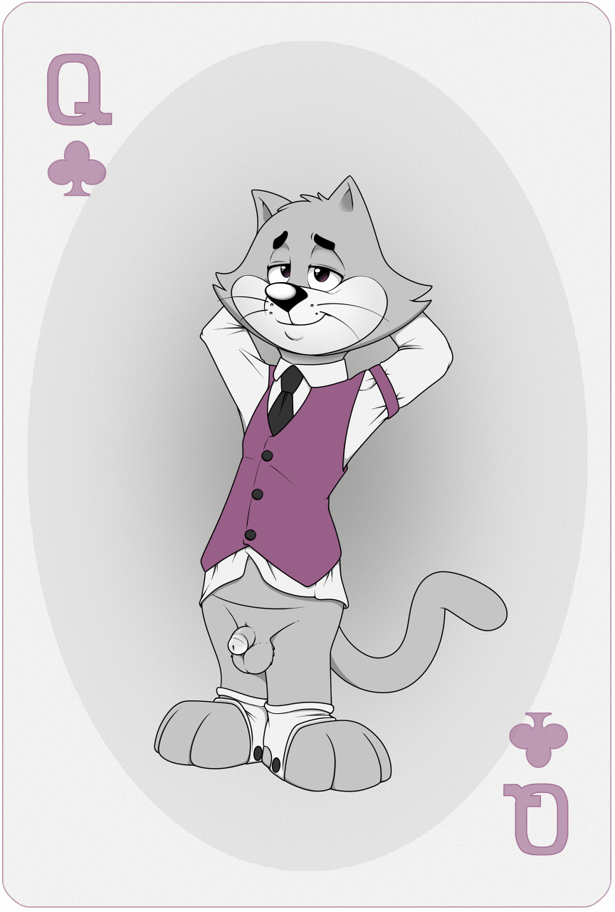 2018 anthro balls bottomless clothed clothing dress_shirt feline flaccid fur half-closed_eyes hands_behind_head humanoid_penis looking_at_viewer male male_only mammal necktie neenya partially_clothed penis playing_card queen_of_clubs shirt simple_background small_penis smile solo standing top_cat top_cat_(series) transparent_background vest