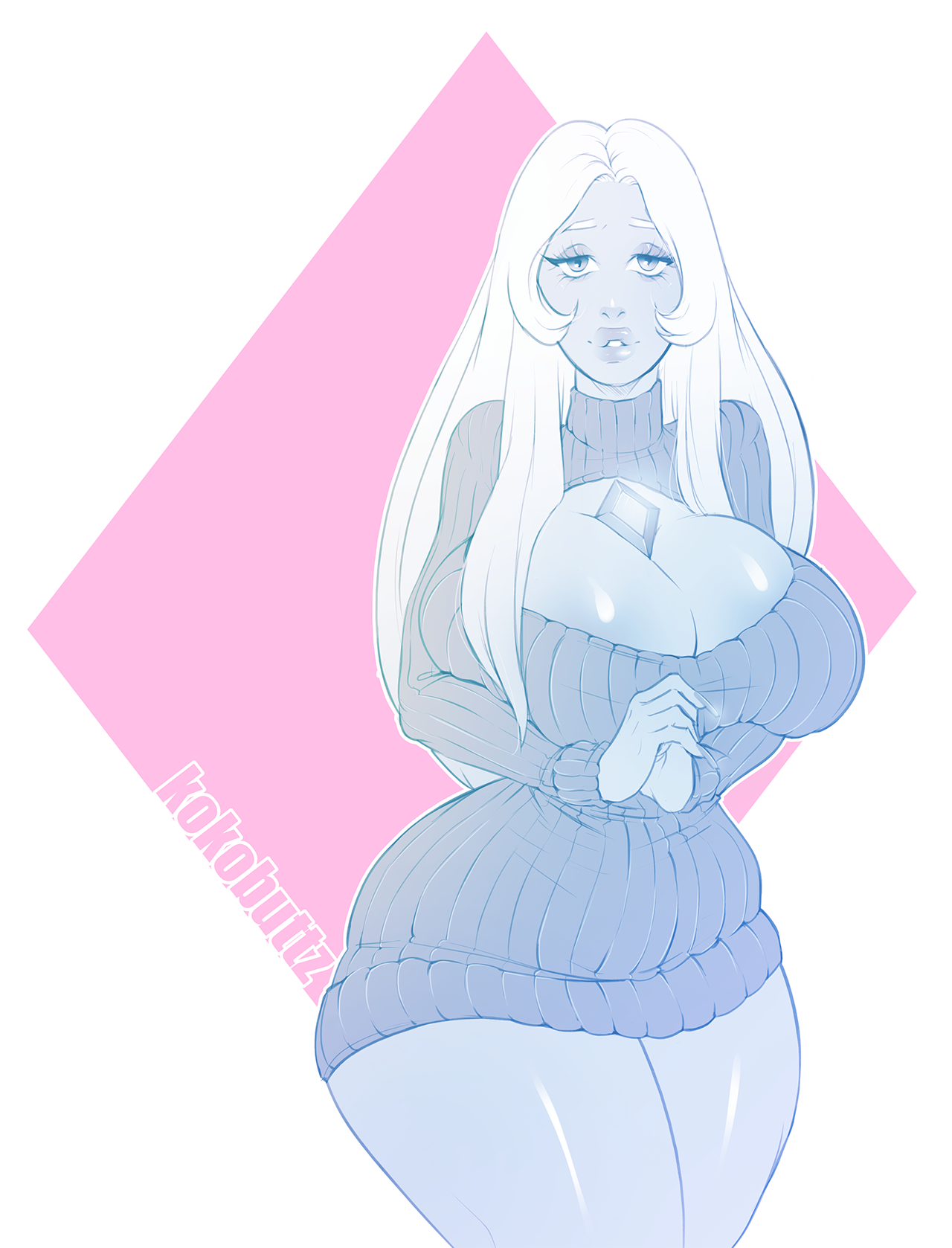 1girls, 2018, big breasts, big lips, blue diamond (steven universe), blue skin, breasts, eyeshadow, female, female only, hourglass figure, kokobuttz, looking at viewer, solo, steven universe, sweater, thick thighs, thighhighs, white hair, wide hips