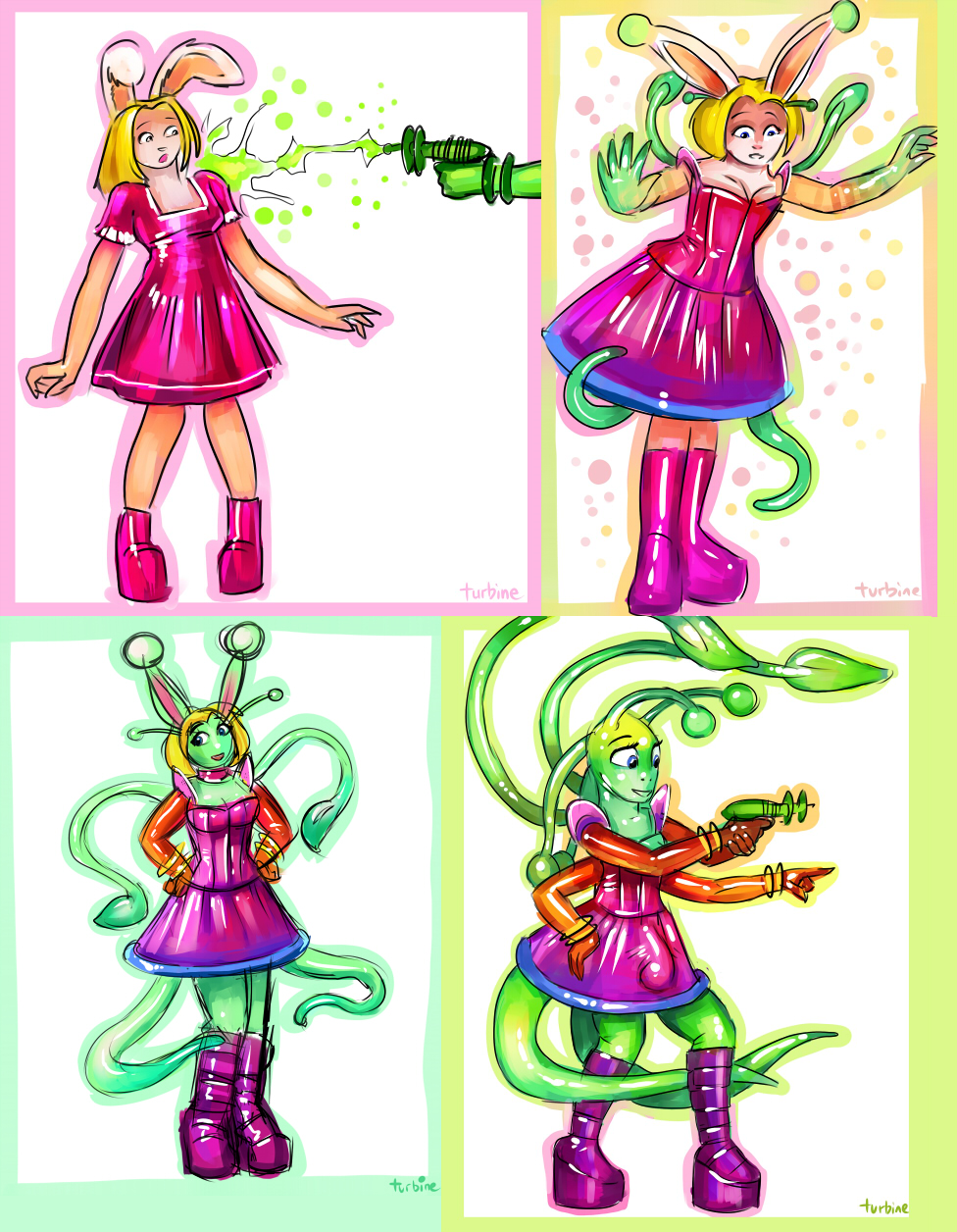 2008 4_arms alien_girl antennae blonde_hair bulge bunny_girl clogs corset dress female furry furry_only futa_only futanari green_body green_skin green_tentacles gun intersex latex multi_arm multi_limb original penis_under_clothes pink_fur shiny_skin tentacle transformation turbinedivinity