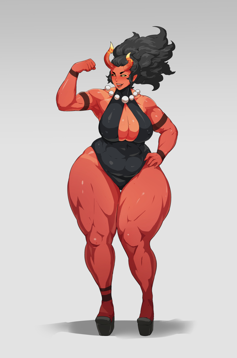 1girls, breasts, cleavage, demon, donaught, female, female only, horns, huge breasts, looking at viewer, muscles, muscular, muscular female, solo, thick thighs