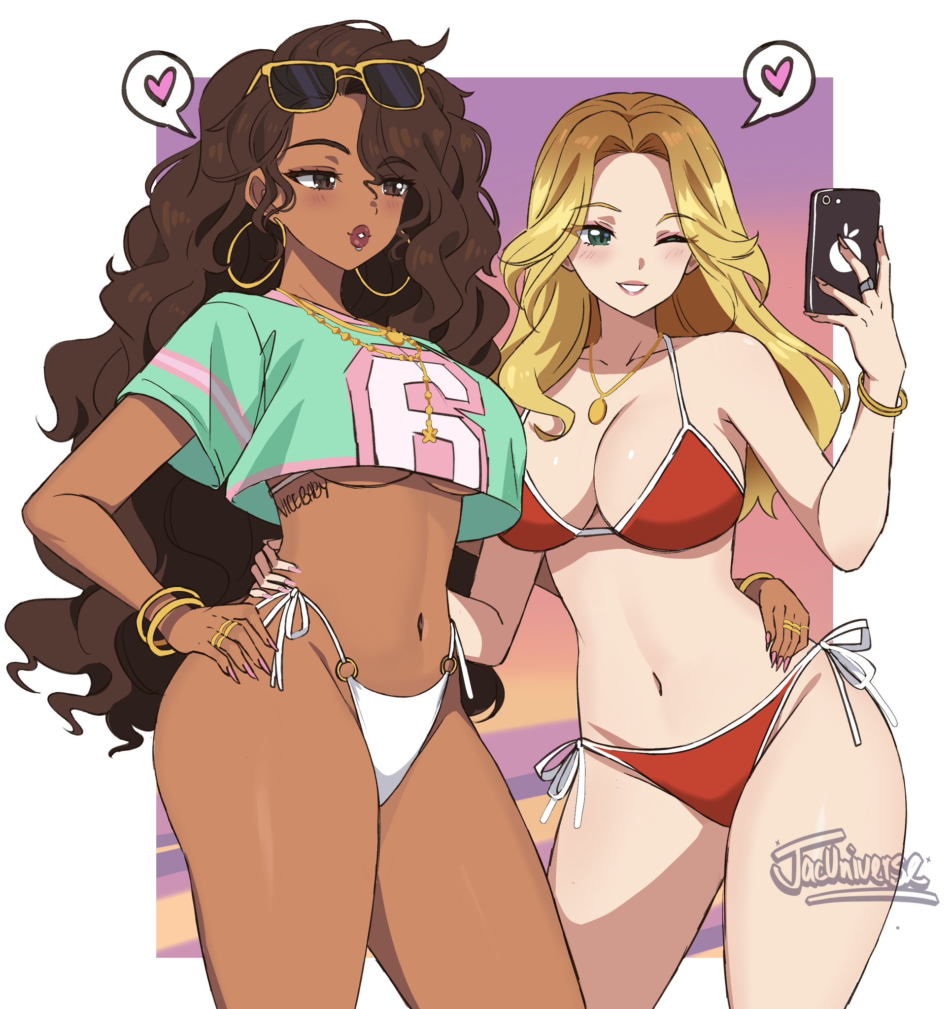2girls, absurdres, aqua shirt, artist name, bikini, bikini under clothes, blonde hair, blue eyes, bracelet, breasts, brown eyes, brown hair, cellphone, cropped shirt, dark skin, dark-skinned female, earrings, eyewear on head, female, female only, fingernails, grand theft auto, grand theft auto v, grand theft auto vi, grin, gta vi cover girl, gtav cover girl, highres, holding, holding object, holding phone, interracial, interracial yuri, jewelry, large breasts, long hair, love, multiple girls, navel, necklace, phone, pink background, rockstar games, selfie, selfpic, shirt, smile, standing, standing up, sunglasses, swimsuit, teeth, twitter, video game character, video game franchise, video games, white bikini, yuri