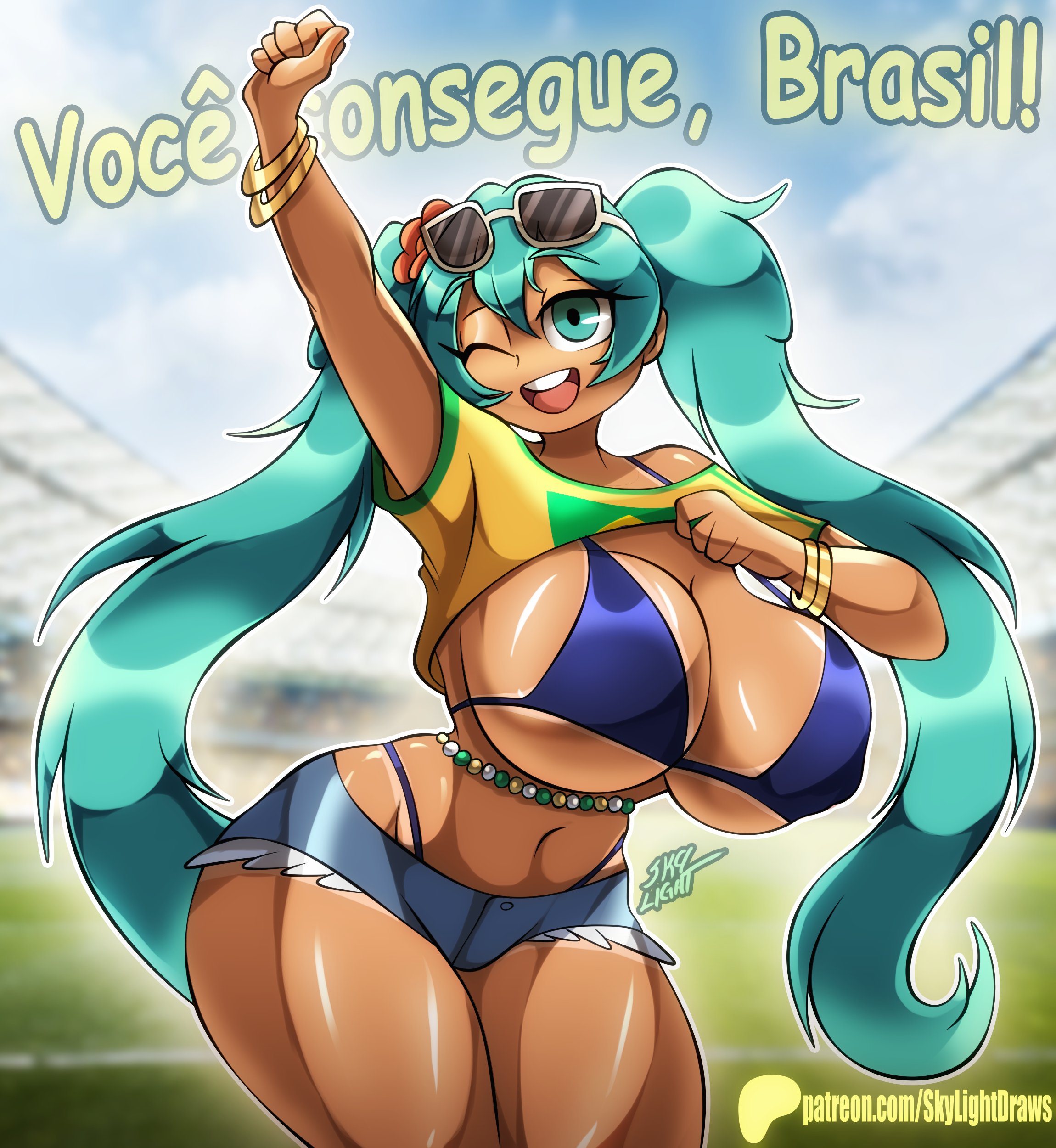 bikini, blue bikini, brazilian female, brazilian miku, curvy, gigantic breasts, hatsune miku, one eye closed, open mouth, shirt lift, skylight (artist), smile, thick thighs, toned, upper teeth, vocaloid, wide hips, world cup