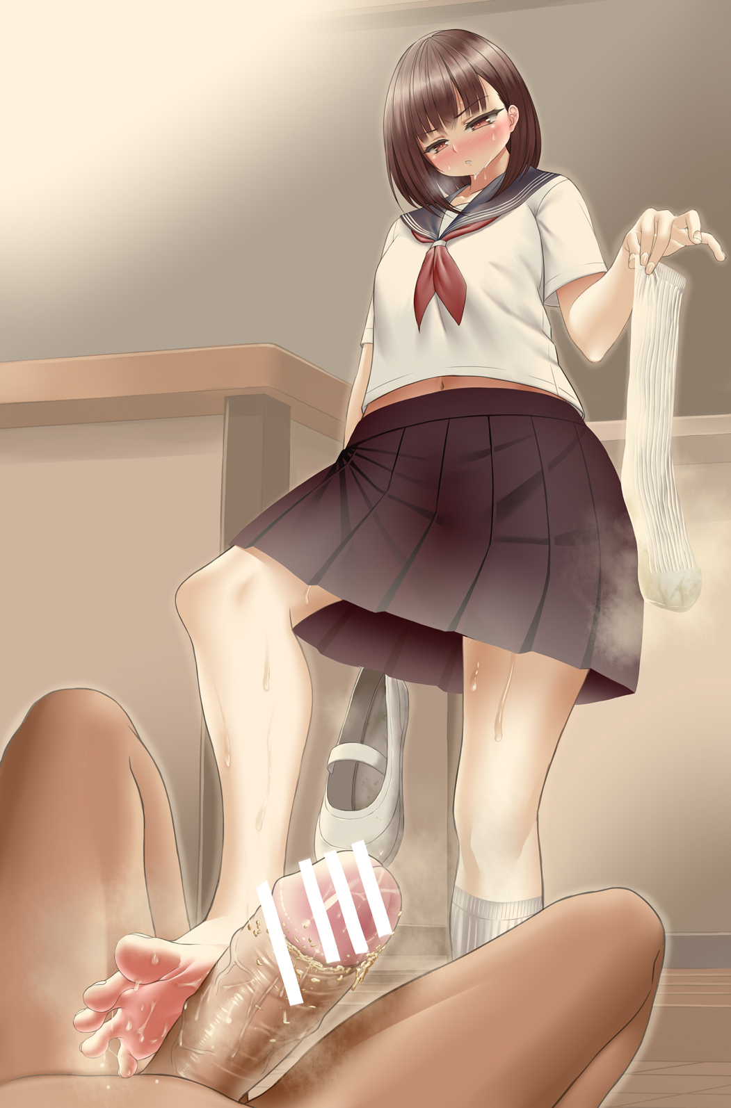 barefoot, blush, brown eyes, brown hair, censored, feet, female, femdom, footjob, holding shoes, looking down, parted lips, pov, precum, serafuku, shoes removed, smegma, smell, smelly feet, socks, socks removed, soles, standing, standing footjob, steam, sweat, toes, uwabaki, white legwear
