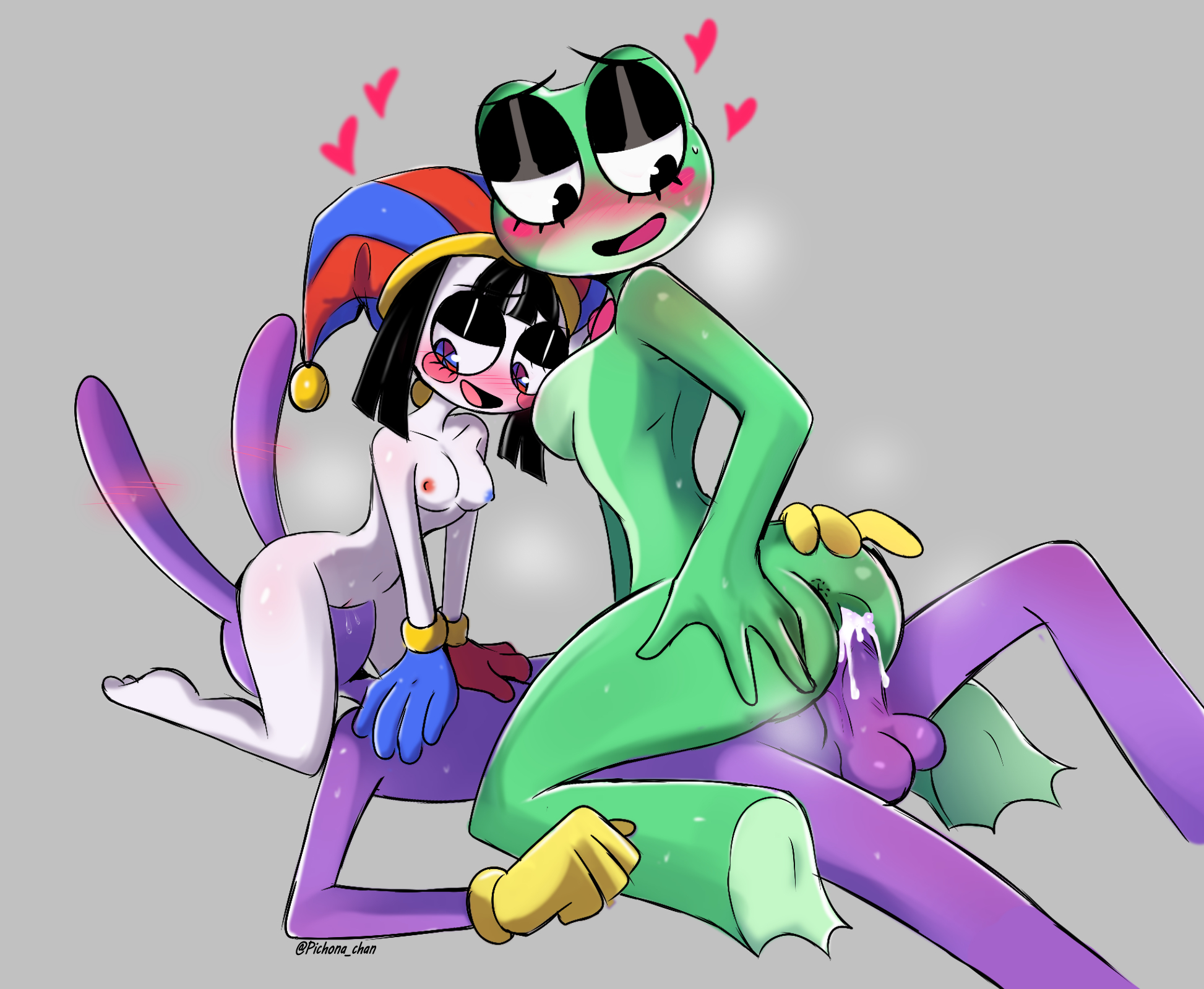 2girls1boy, cum, cum in pussy, cunnilingus, dominant female, eating pussy, hearts, jax (tadc), jax (the amazing digital circus), pichona, pomni, pomni (the amazing digital circus), pussy, ribbit (tadc), ribbit (the amazing digital circus), straight, submissive male, tadc, the amazing digital circus, threesome