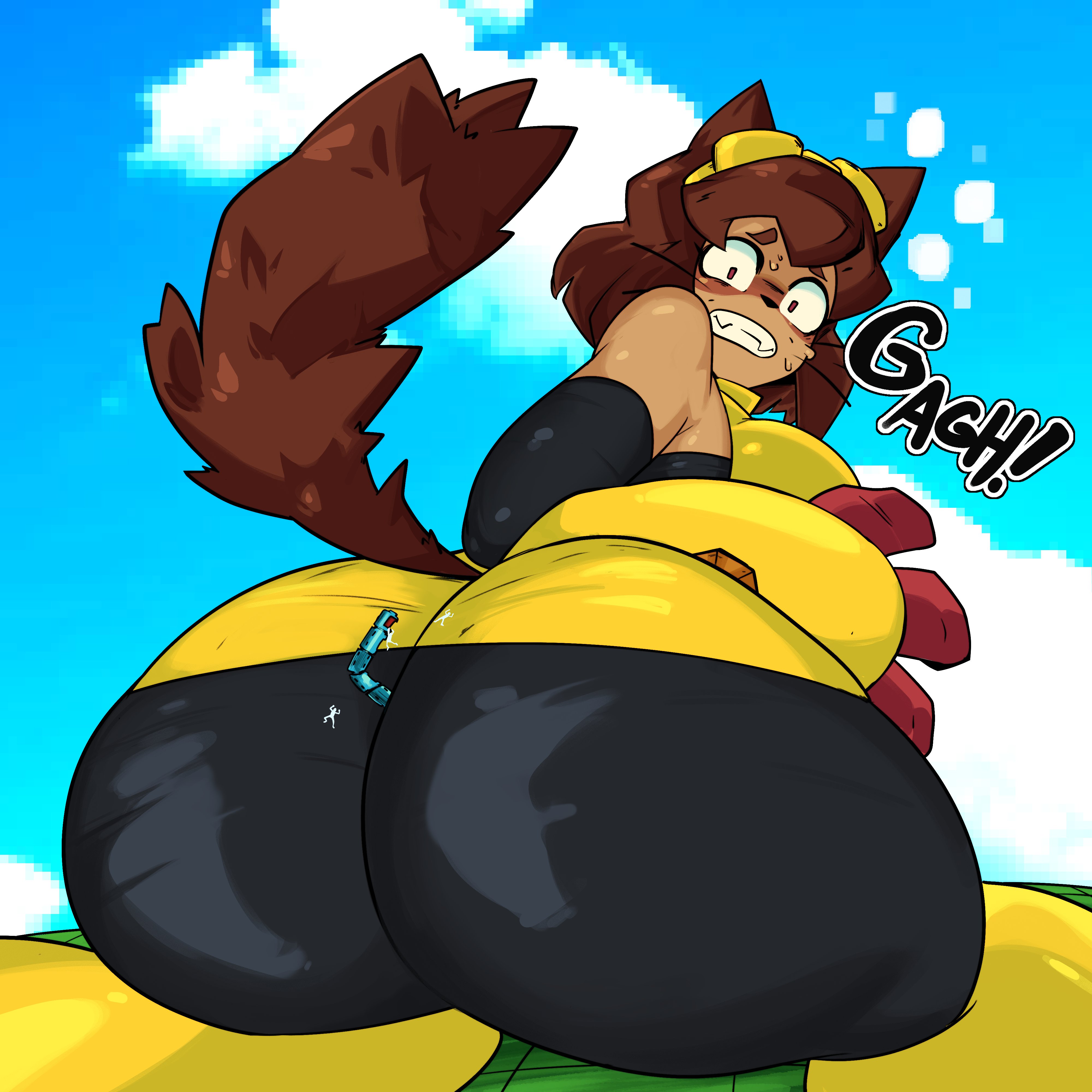 accidentally stuck, ass, ass bigger than head, ass cleavage, brown hair, cat tail, catgirl, clenched teeth, dumptruck ass, fat ass, gameoverse, giantess, huge ass, kit (gameoverse), kit bodega, macro, macro female, micro, micro in ass, roller coaster, slugman (artist), surprised, surprised expression, theme park, thick thighs, wide hips