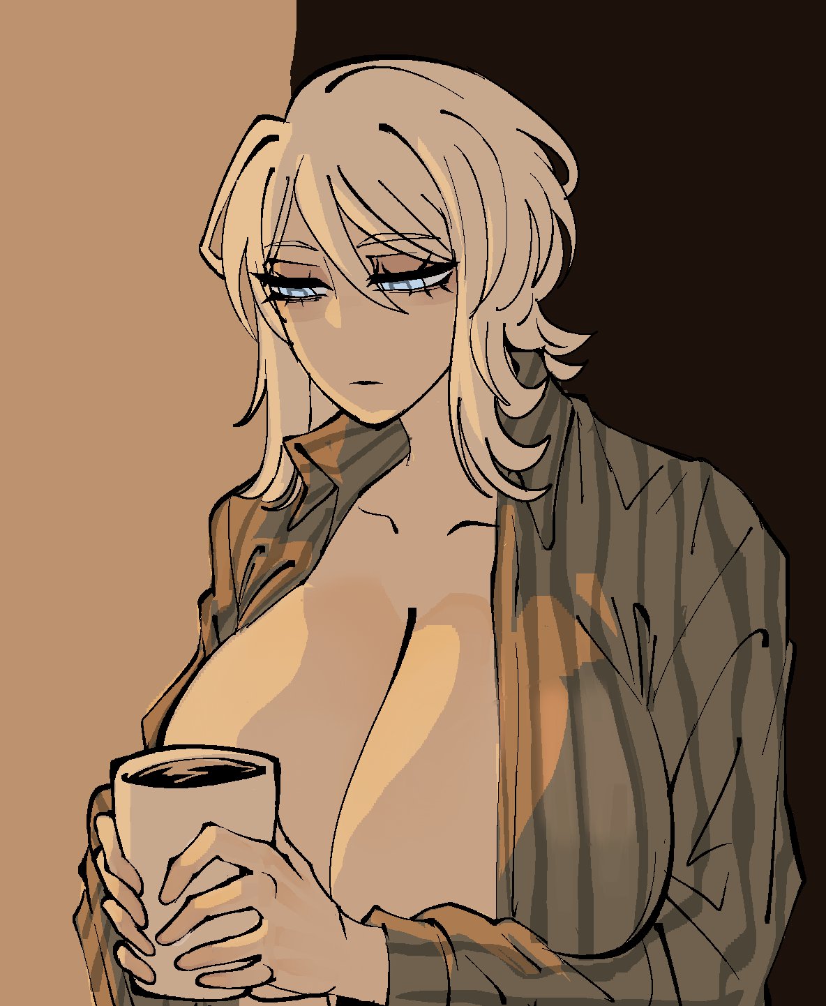 1girls, 2d, big breasts, blue eyes, breasts, breasts bigger than head, coffee, digital media (artwork), eclipseecliptus, eyelashes, faust (limbus company), female, female only, hair, limbus company, looking down, project moon, shirt, video games, white hair