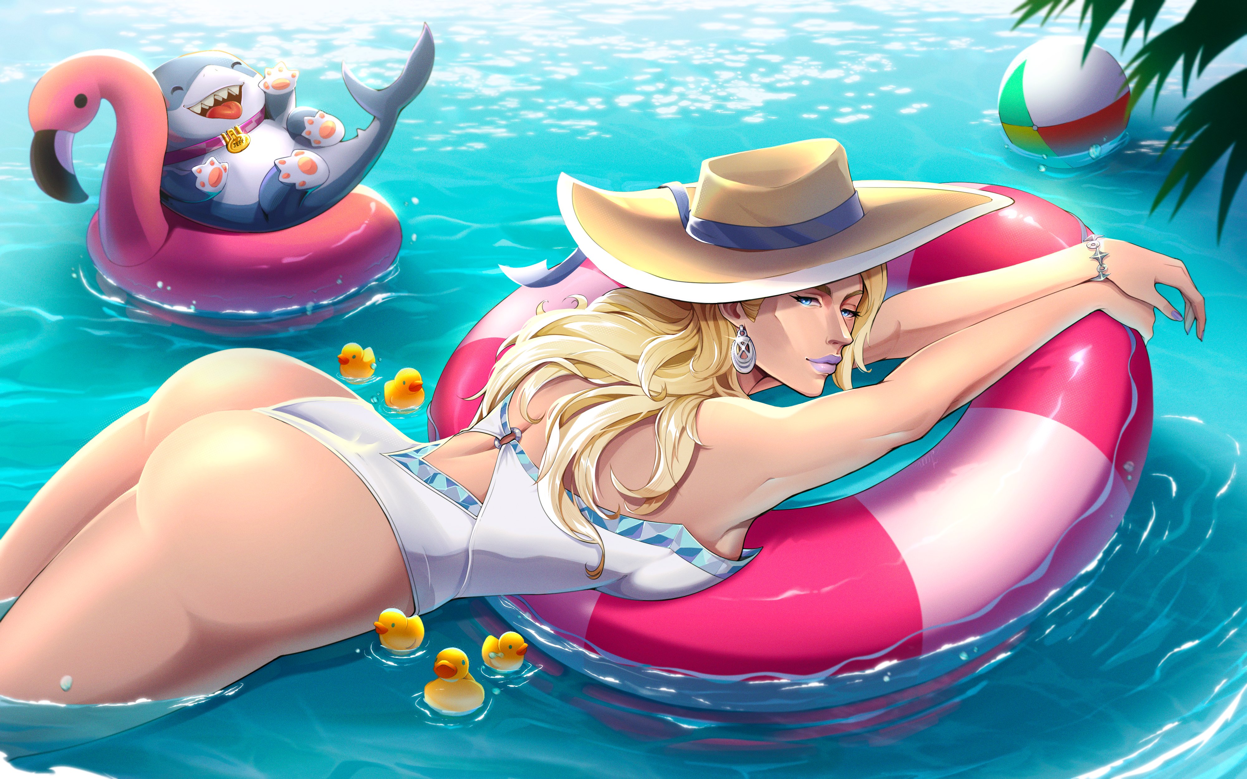 2d, ass, ass focus, beach ball, blonde female, blonde hair, blue eyes, breasts, bubble butt, clothed, emma frost, emma frost (marvel rivals), emma frost (white wave queen), fully clothed, large breasts, marvel, marvel rivals, milf, solo, swimsuit, x-men