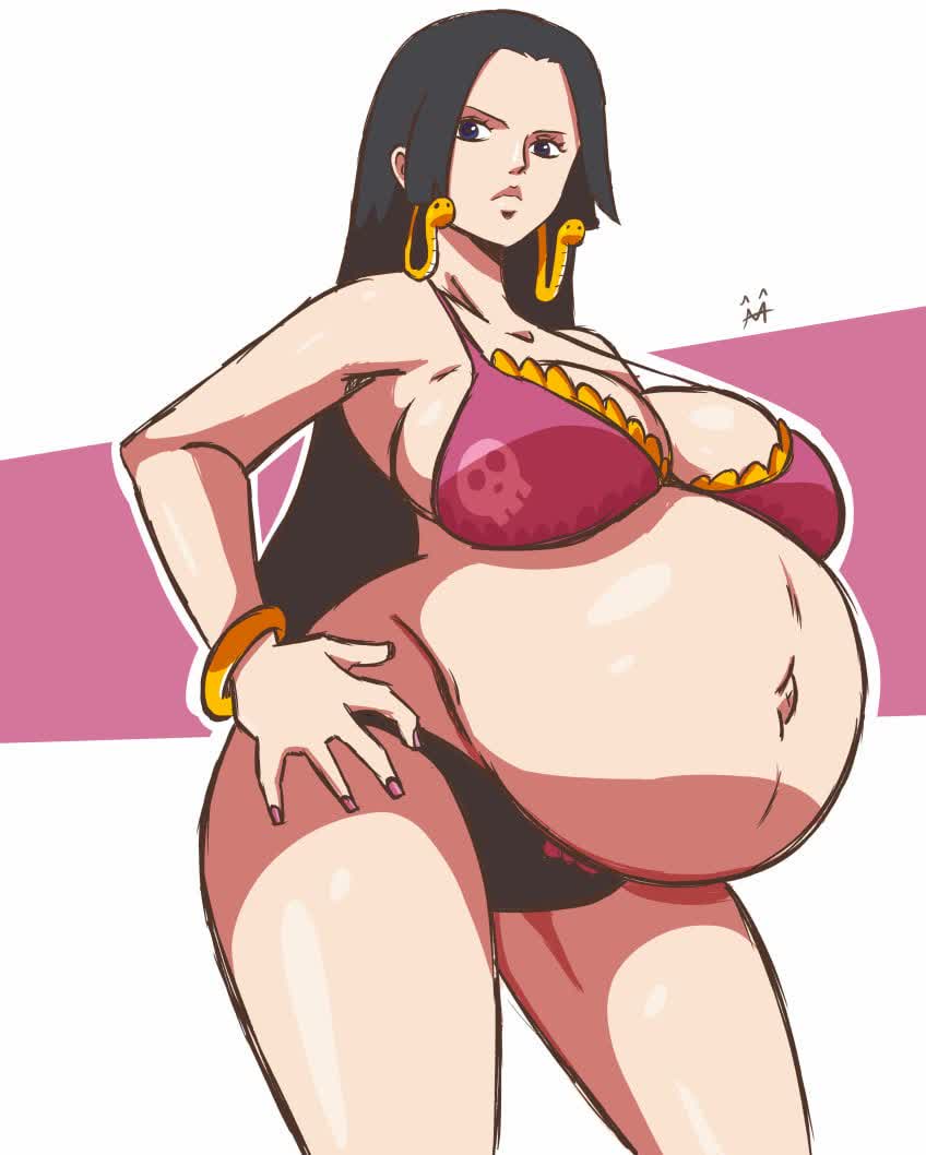 1girls, arbrianarchy, belly, big belly, big breasts, bikini, black hair, boa hancock, breasts, cleavage, earrings, female, female only, hand on hip, large breasts, nails painted, one piece, outie navel, pregnant, sideboob, solo, super belly, thick thighs