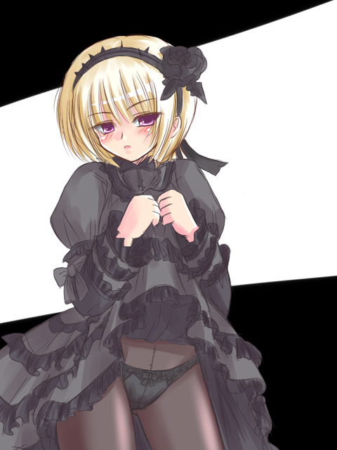 black_dress black_panties blush dress european_clothes female fringe_hair gothic gothic_lolita hair_ornament king_of_fighters king_of_fighters_maximum_impact lolita_fashion ninon_beart panties pantyhose purple_eyes short_hair skirt_up snk thighs