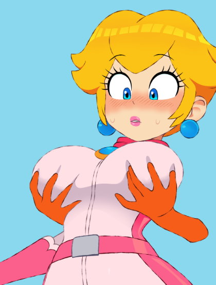 1girl, blonde female, blonde hair, blue eyes, blush, blushing, bodysuit, clothed, clothing, cropped, cropped image, disembodied hands, grabbing another's breast, grabbing from behind, kerotheklutz, mario (series), mario kart, nintendo, png, princess daisy, princess peach, princess peach (aero), unfinished, wip, yuri