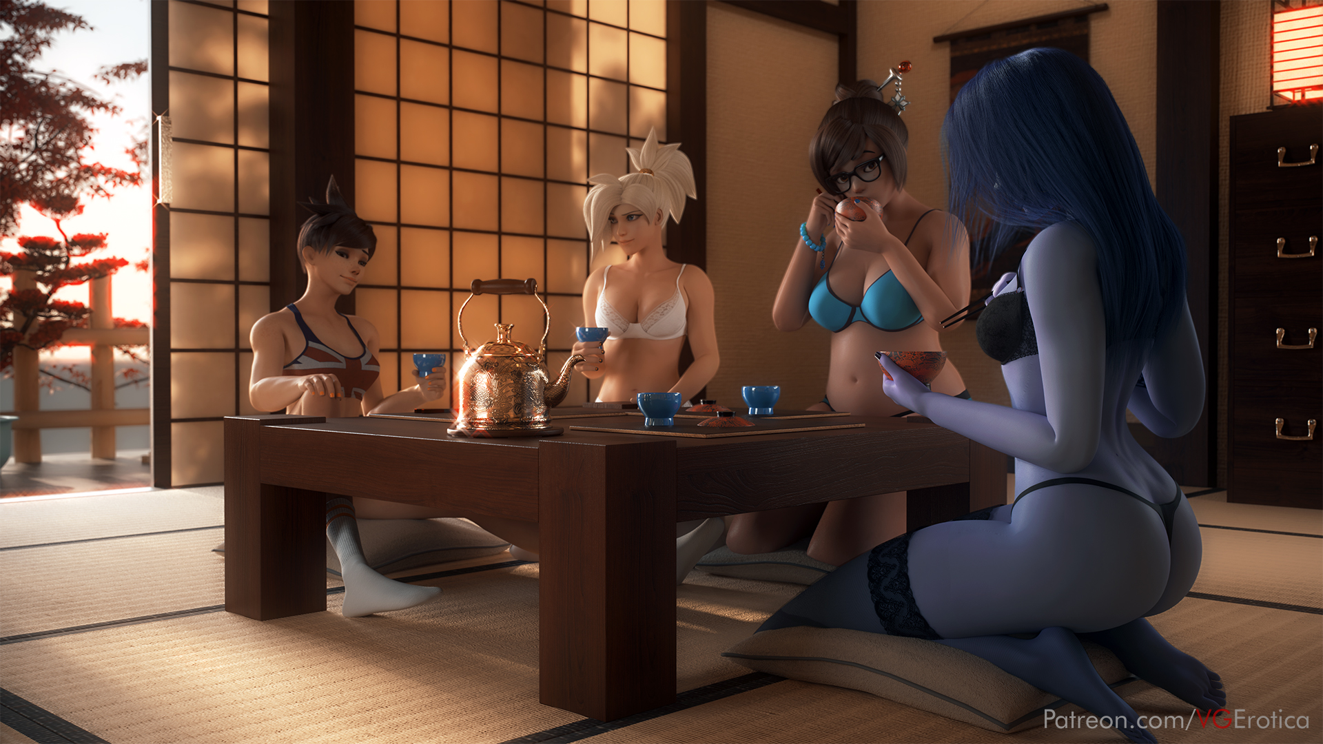 3d, 4girls, ass, autodesk maya, big breasts, black lingerie, blender, bra, breasts, cleavage, eyewear, female, female only, glasses, large breasts, lingerie, long hair, mei (overwatch), mercy, overwatch, overwatch 2, panties, tank top, thighhighs, tracer, union jack, union jack tracer, vgerotica, white lingerie, widowmaker