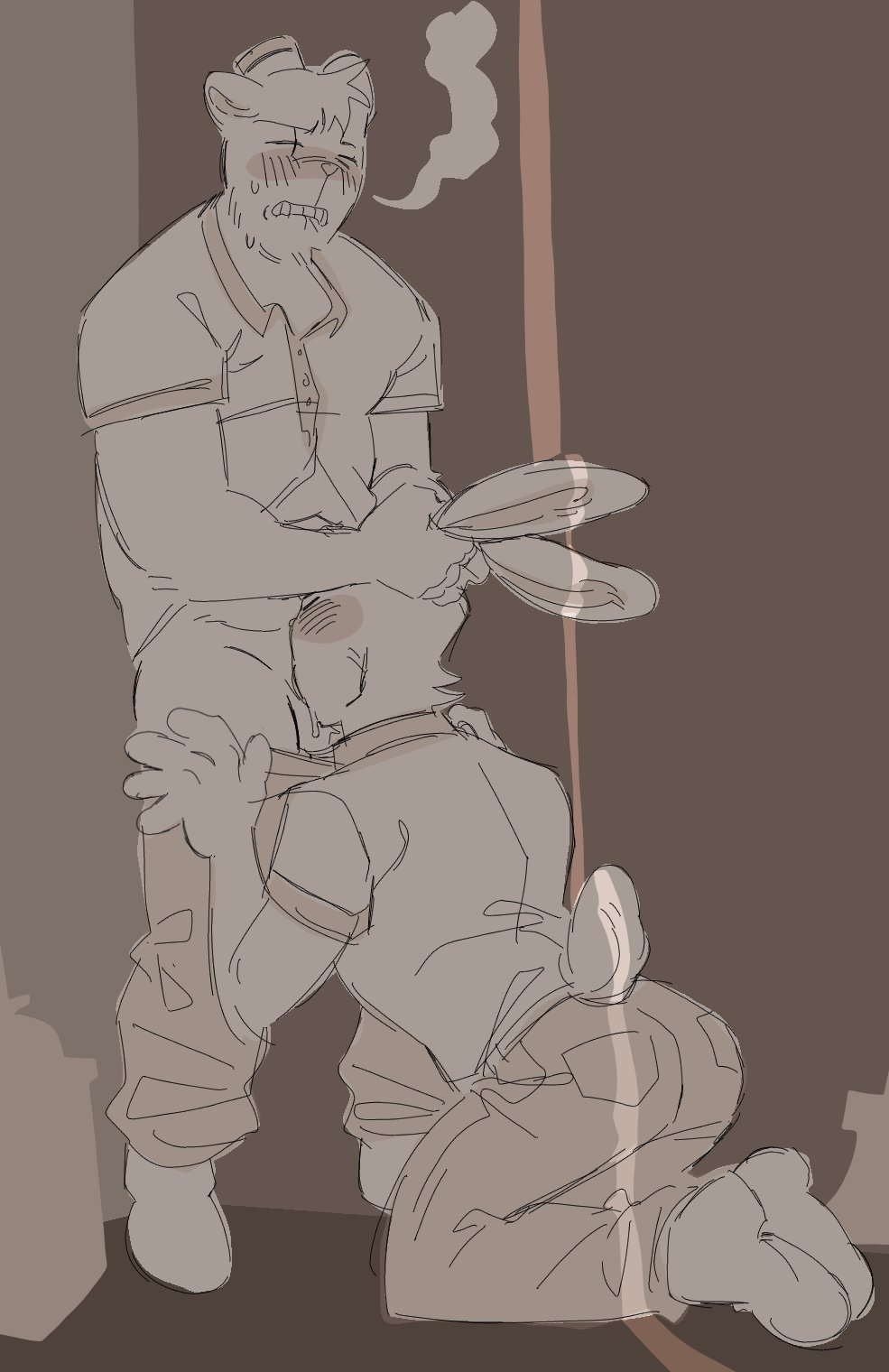 anthro, anthro penetrated, ass focus, blowjob, blowjob only, blush, blushing, blushing male, bubble ass, bubble butt, bunny, bunny ears, bunny tail, burgerpants, clothed, clothed sex, clothes, deltarune, drool, drooling, fat ass, furry, furry male, gay, kneeling, kneeling oral position, male, male only, male penetrated, male penetrating, male penetrating male, male/male, nicecream man, no color, on knees, oral, oral penetration, oral sex, penetration, rabbit, rabbit ears, rabbit humanoid, sex, smoke, smoke from mouth, sweat, sweatdrop, sweating, tail, tail tuft, uniform, work uniform, workplace, yaoi