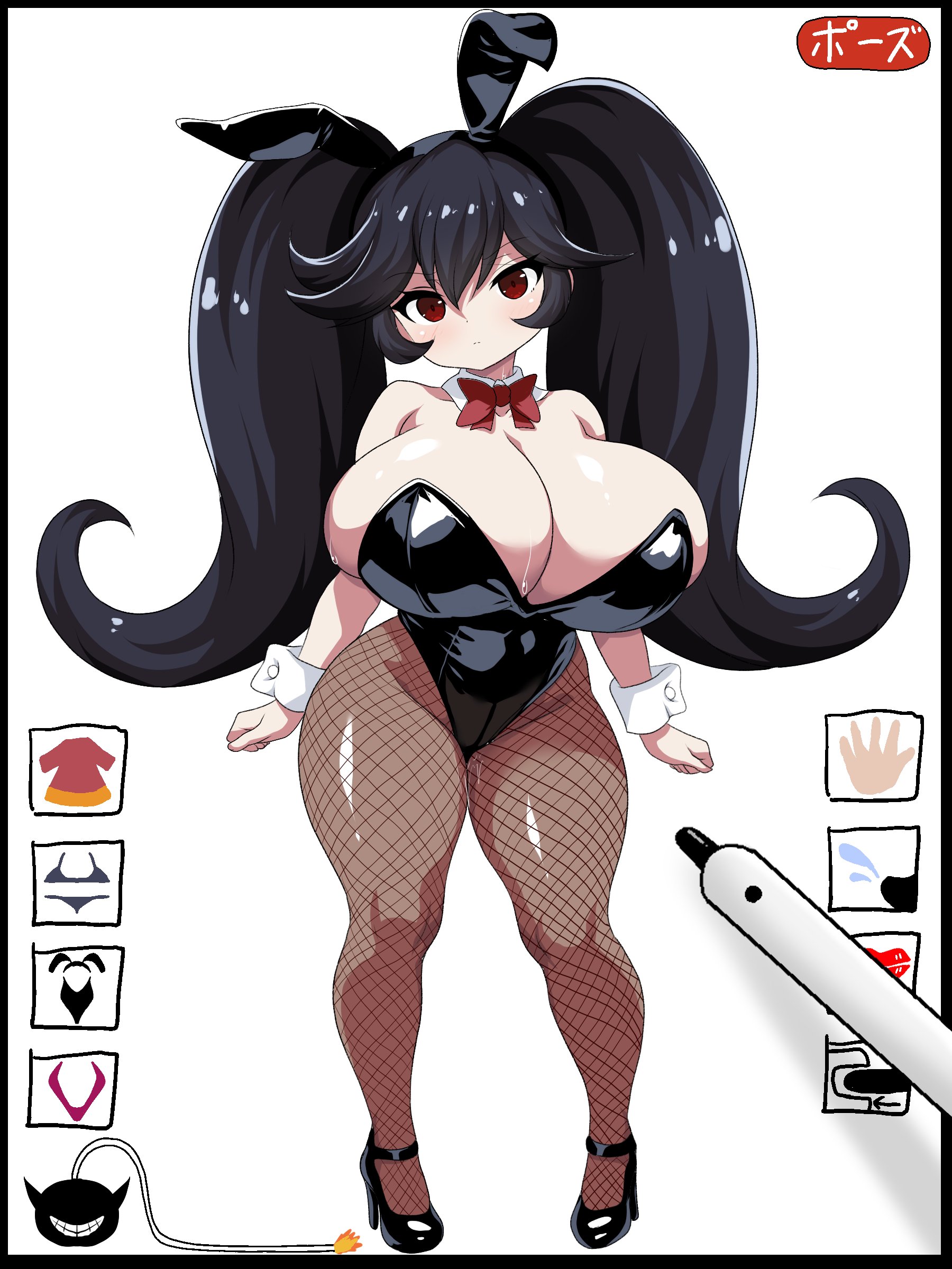 ashley (warioware), big breasts, black hair, breasts, bunny ears, bunny girl, bunnysuit, cleavage, female, female only, huge breasts, looking at viewer, nintendo, red eyes, shortstack, slim waist, suzumori kuroku, thick thighs, voluptuous, voluptuous female, warioware, wide hips