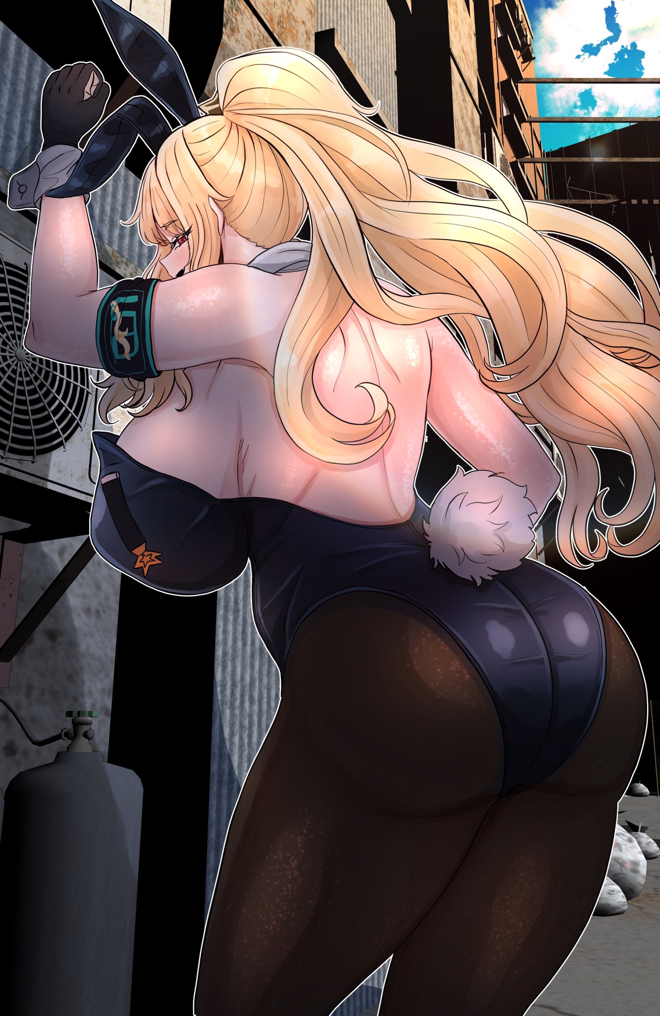 1girls, ass, ass focus, background, backstreet, bbambi, big ass, big breasts, blonde hair, breasts, bunny ears, bunny tail, bunnysuit, clothing, distortion detective, ezra (distortion detective), from behind, large breasts, light skin, light-skinned female, limbus company, long hair, looking at viewer, looking back, project moon, red eyes, smile, taller female, thick thighs, thunder thighs