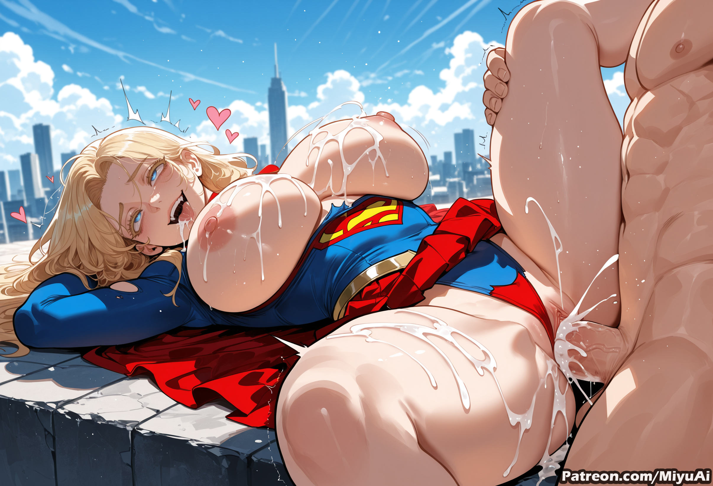 1boy, 1girl, ai assisted, ai generated, bikini, blonde hair, blue eyes, breasts, breasts outside, cape, chris kent, clothed sex, cloud, cum, cum in pussy, cum on body, cum on breasts, cum on lower body, cum on upper body, curvaceous, curvy, curvy female, curvy figure, day, dc, dc comics, facial, female, heart, heart-shaped pupils, hetero, jon-al, kara danvers, kara zor-el, large breasts, leotard, long hair, lying, missionary, miyuai, nipples, on back, penis, pussy, sex, sky, solo focus, superboy, superboy (chris kent), supergirl, superman (series), swimsuit, symbol-shaped pupils, thick, thick ass, thick butt, thick hips, thick legs, thick thighs, tongue, vaginal, voluptuous, voluptuous female, wide hips, wide thighs