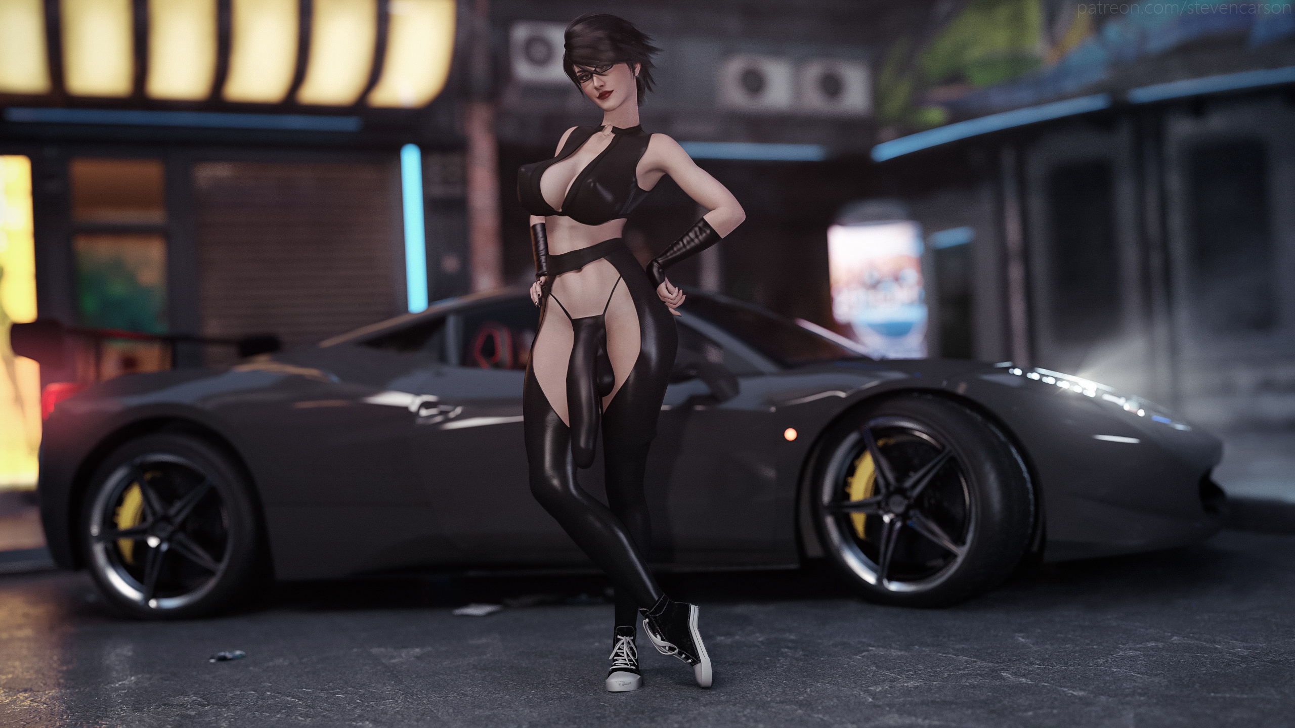 16:9, 1futa, 3d, balls, balls bulge, balls in panties, balls under clothes, bayonetta, bayonetta (character), black hair, breasts, bulge, cameltail, cleavage, clothing, cock sleeve, cock sleeve (clothes), cocksleeve, curvy, cyberpunk, flaccid, futa only, futanari, glasses, huge breasts, huge penis, impossible clothes, intersex, large balls, latex, muscular, muscular futa, panties, panty bulge, penis, penis bulge, penis in panties, penis under clothes, pinup, realistic, shiny clothes, short hair, sneakers, solo, solo futa, stevencarson, tenting, tight clothing, wallpaper, wide hips