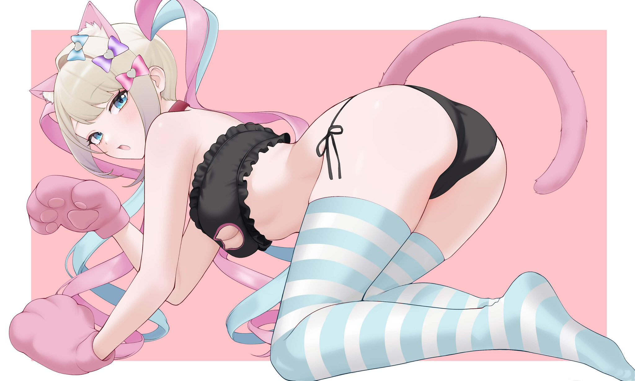ass, ass focus, blush, cat ears, cat girl, cat lingerie, cat tail, chouzetsusaikawa tenshi-chan, female, female only, from behind, inami (x spidekawaii x), looking back, needy girl overdose, needy streamer overload, open mouth, paw gloves, paw pose, striped thighhighs, thighs