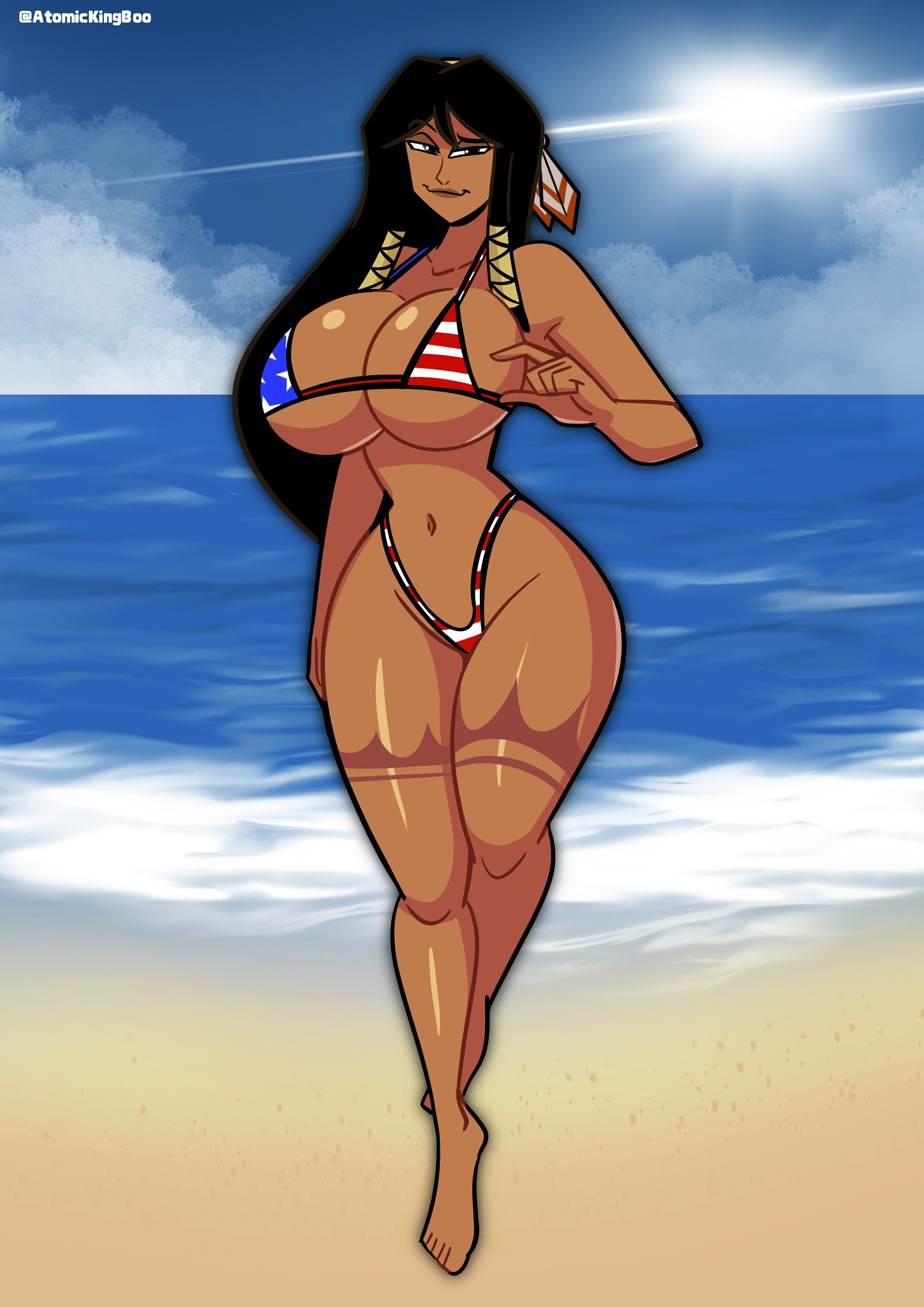 1girls, 2026, 2d, 2d (artwork), 2d artwork, american flag bikini, artist name, ass, atomickingboo, beach, bethany hummingbird, big ass, big breasts, bikini, black hair, black hair female, black-haired female, breasts, digital media (artwork), eyebrow raise, female, female only, flag, flag bikini, flag print, flag print bikini, leg tattoo, micro bikini, mostly nude, mostly nude female, native american, native american female, native american headdress, nude, nude female, oc, ocean, original, original character, raised eyebrow, sand, shiny, shiny body, shiny breasts, shiny skin, shiny thighs, solo, sun, tan body, tan skin, tan-skinned female, tattoo, tattoo on legs, tattoos, thick thighs, thighs, thong, thong bikini