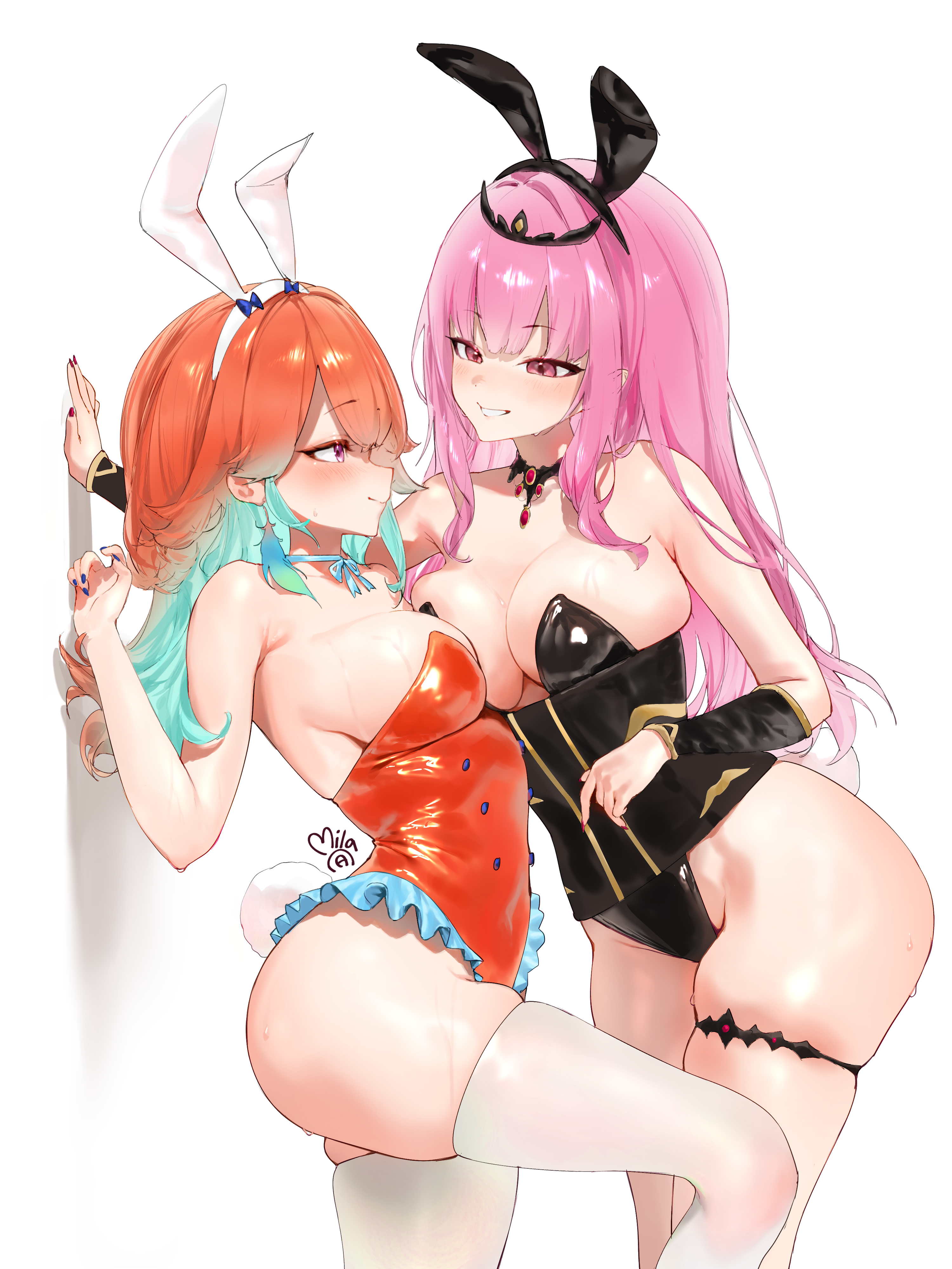 2girls, absurdres, alternate costume, animal ears, black leotard, blush, bow, bow choker, breasts, choker, cleavage, couple, earrings, fake animal ears, feather earrings, feathers, gradient hair, green choker, green hair, highleg, highleg leotard, highres, hololive, hololive english, jewelry, large breasts, leotard, long hair, mila (milaart12), mori calliope, multicolored hair, multiple girls, open mouth, orange hair, pantyhose, pink hair, playboy bunny, purple eyes, rabbit ears, red eyes, smile, strapless, strapless leotard, takamori (hololive), takanashi kiara, tiara, virtual youtuber, yuri