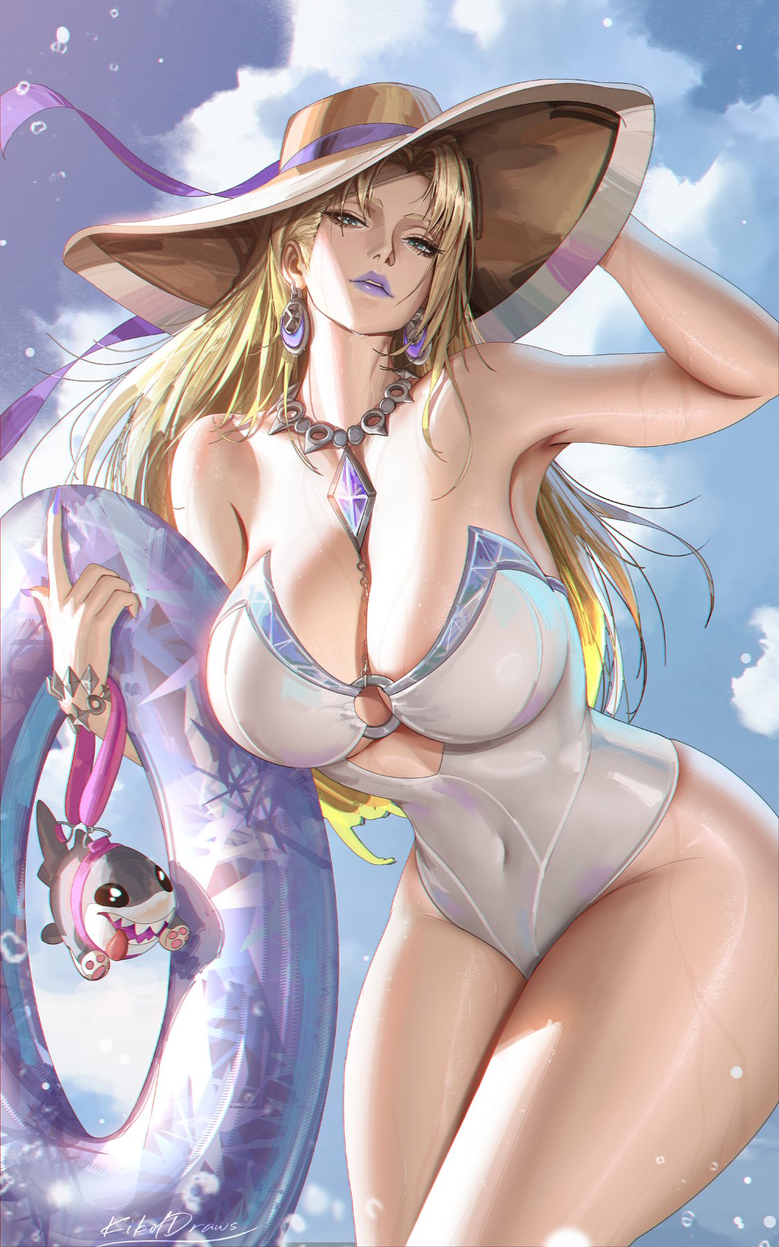 1girls, 2d, 5:8, big breasts, blonde hair, blue eyes, breasts, cleavage, clothed, emma frost, emma frost (marvel rivals), emma frost (white wave queen), female, female only, fully clothed, hat, huge breasts, large breasts, liang xing, long hair, marvel, marvel rivals, one-piece swimsuit, solo, swimsuit, x-men