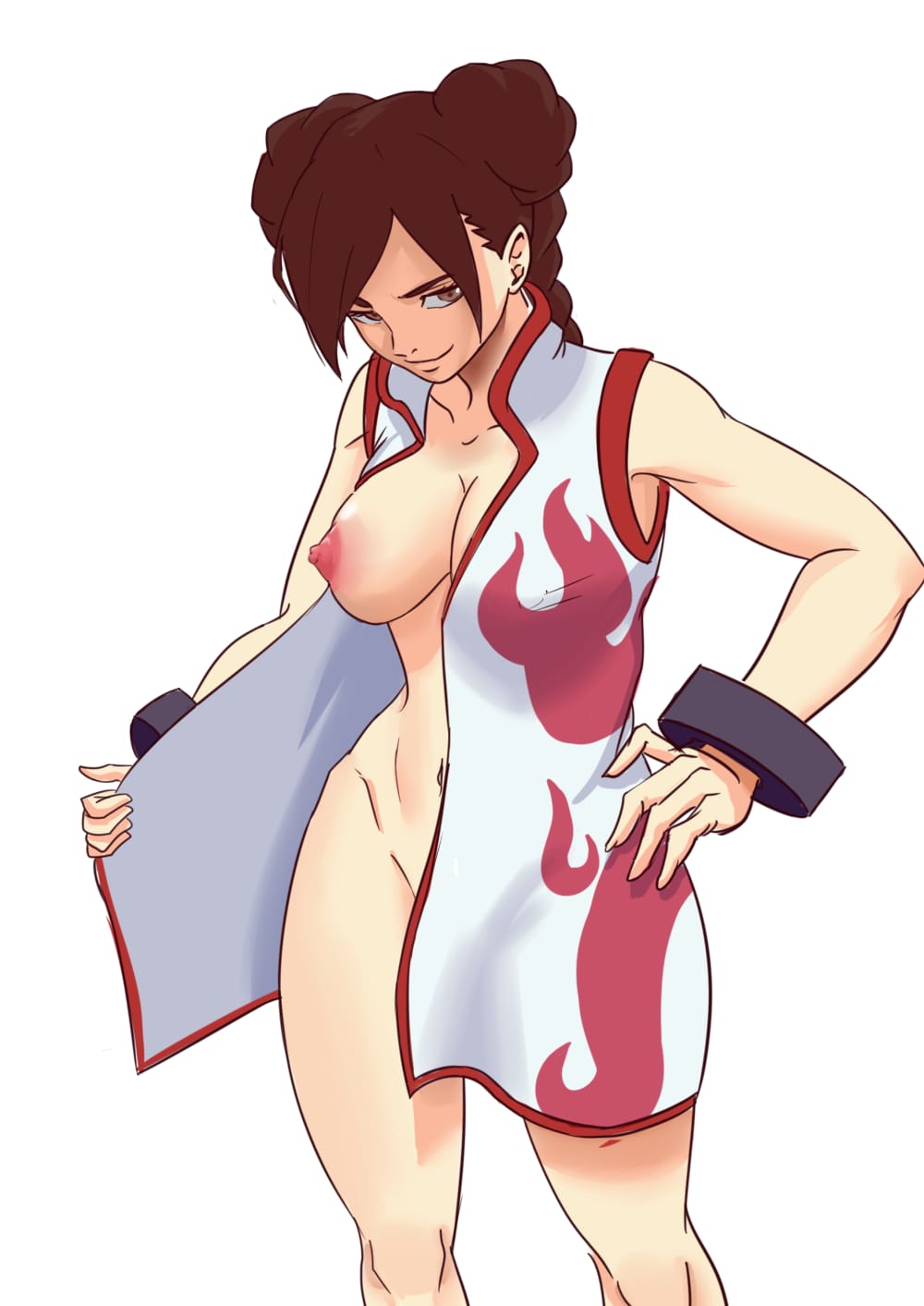 1girls, areolae, bangs, bracelet, braided hair, breasts, breasts out, brown eyes, brown hair, cleavage, clothing, collarbone, double bun, dress, exhibitionism, female, female only, flashing, forest, hair bun, hand on hip, high resolution, highres, human, looking at viewer, naruto, naruto (series), naruto shippuden, naruto: the last, navel, nipples, no bra, no panties, one breast out, open shirt, outdoors, perky breasts, ponytail, puffy nipples, revealing clothes, shadow, simple background, smile, smirk, solo, solo focus, spread legs, standing, tenten, uncensored, undressing, white background, wide hips, zanzagen