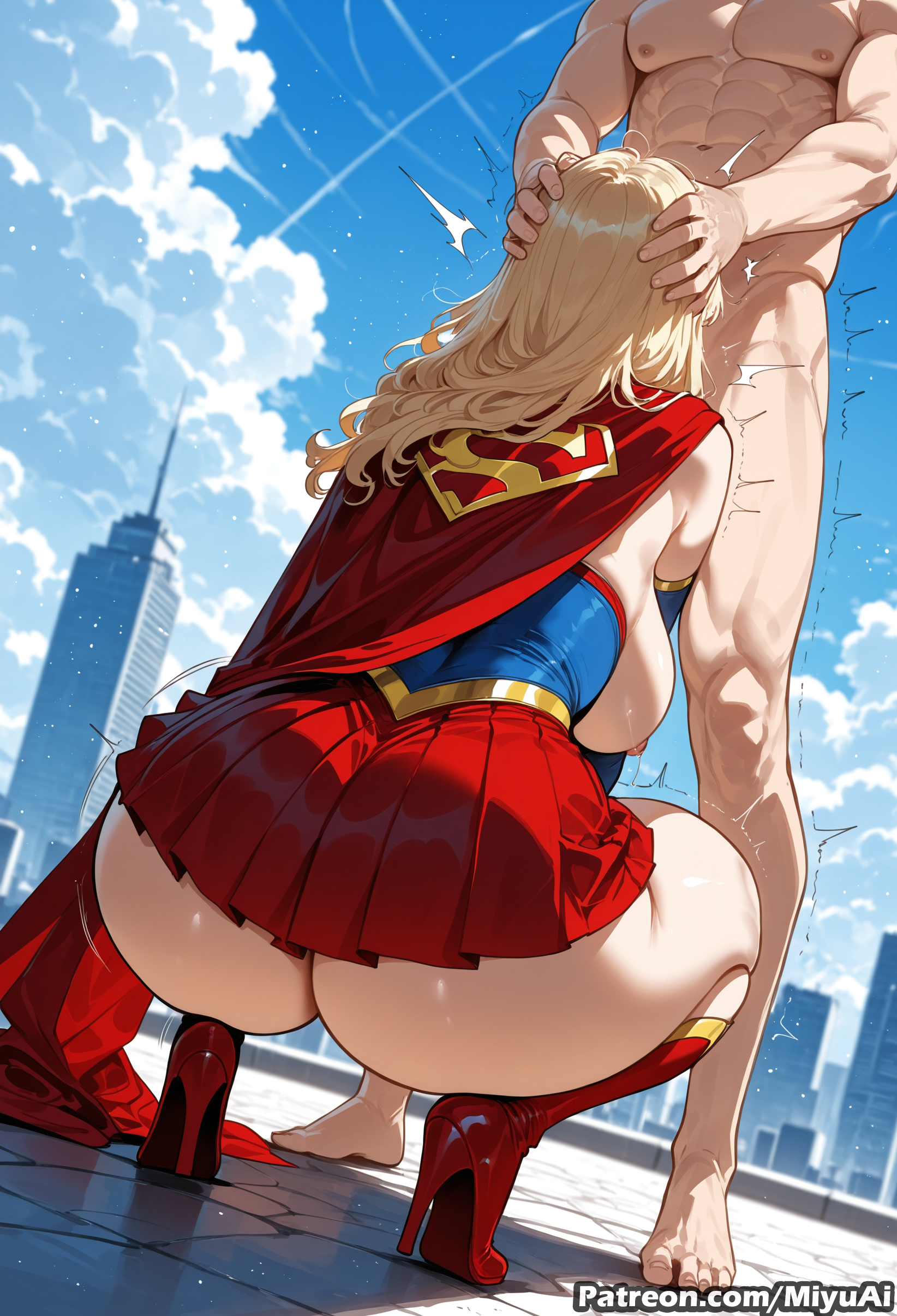 1boy, 1girl, ai assisted, ai generated, ass, blonde hair, boots, breasts, cape, chris kent, clothed female nude male, cloud, curvaceous, curvy, curvy female, curvy figure, day, dc, dc comics, facing away, fellatio, female, gloves, hand on another's head, hetero, high heel boots, high heels, jon-al, kara danvers, kara zor-el, large breasts, long hair, miyuai, muscle, oral, pleated skirt, red footwear, sideboob, skirt, sky, squatting, superboy, superboy (chris kent), supergirl, superman (series), thick, thick ass, thick butt, thick hips, thick legs, thick thighs, thigh boots, thighs, voluptuous, voluptuous female, wide hips, wide thighs