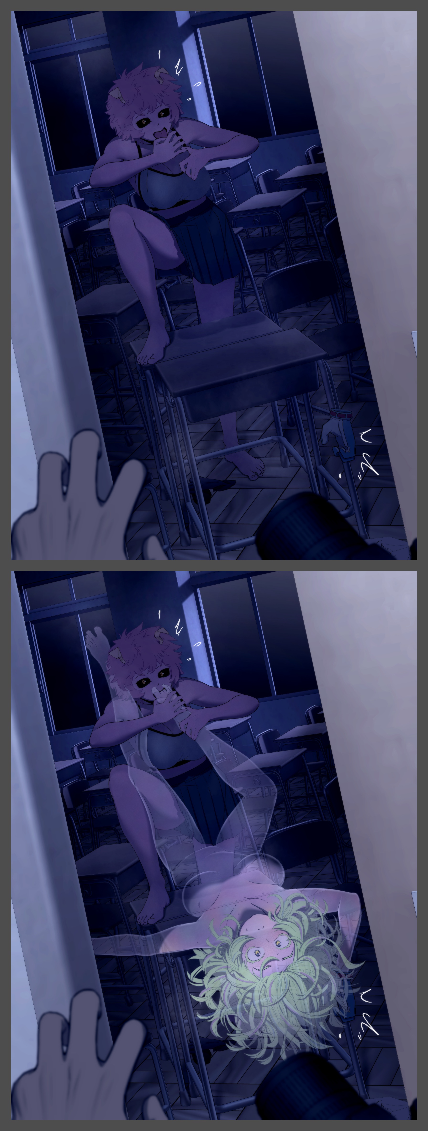 2girls, absurdres, ashido mina, barefoot, black sclera, blush, blushing, boku no hero academia, caught, caught in the act, chair, classroom, colored sclera, cute female feet, delicious female feet, edit, feet, feet up, female focus, females only, foot fetish, foot focus, foot grab, foot lick, foot play, foot worship, footwear removed, gloves, green hair, hagakure tooru (invisible), hagakure tooru (visible), heroine, highres, holding another's foot, invisible girl, kidetic, kusujinn, licking foot, licking toes, looking at viewer, loving it, mina ashido, my hero academia, pink skin, sucking toes, superheroine, tasty feet, toes, toes in mouth, window, yuri