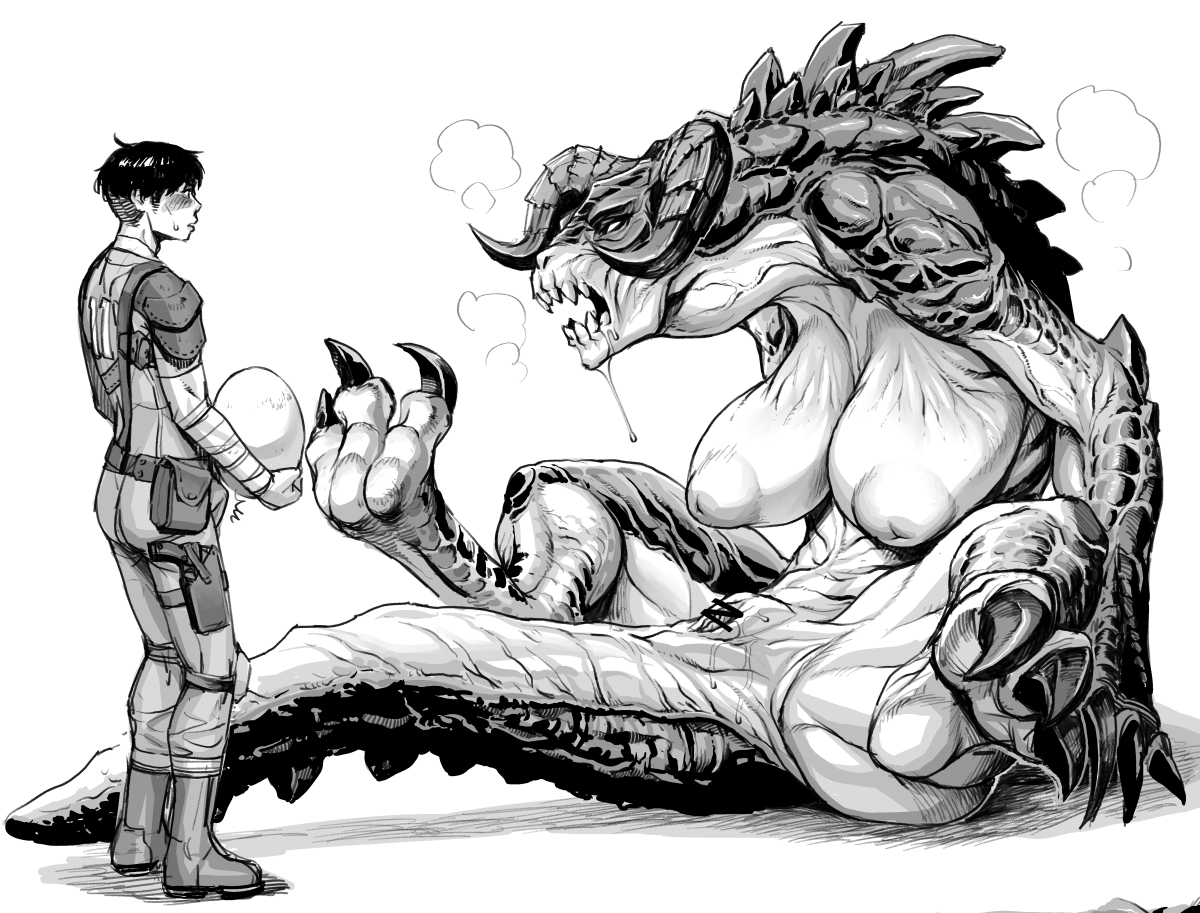 1boy, 1girls, areolae, big breasts, claws, deathclaw, double deck, fallout, fangs, female, female deathclaw, giantess, horns, huge breasts, humanoid, inverted nipples, larger female, male, monochrome, monster girl, nude, nude female, pussy, scales, scalie, size difference, smaller male, tagme, tail, thick thighs, vault dweller, vault suit