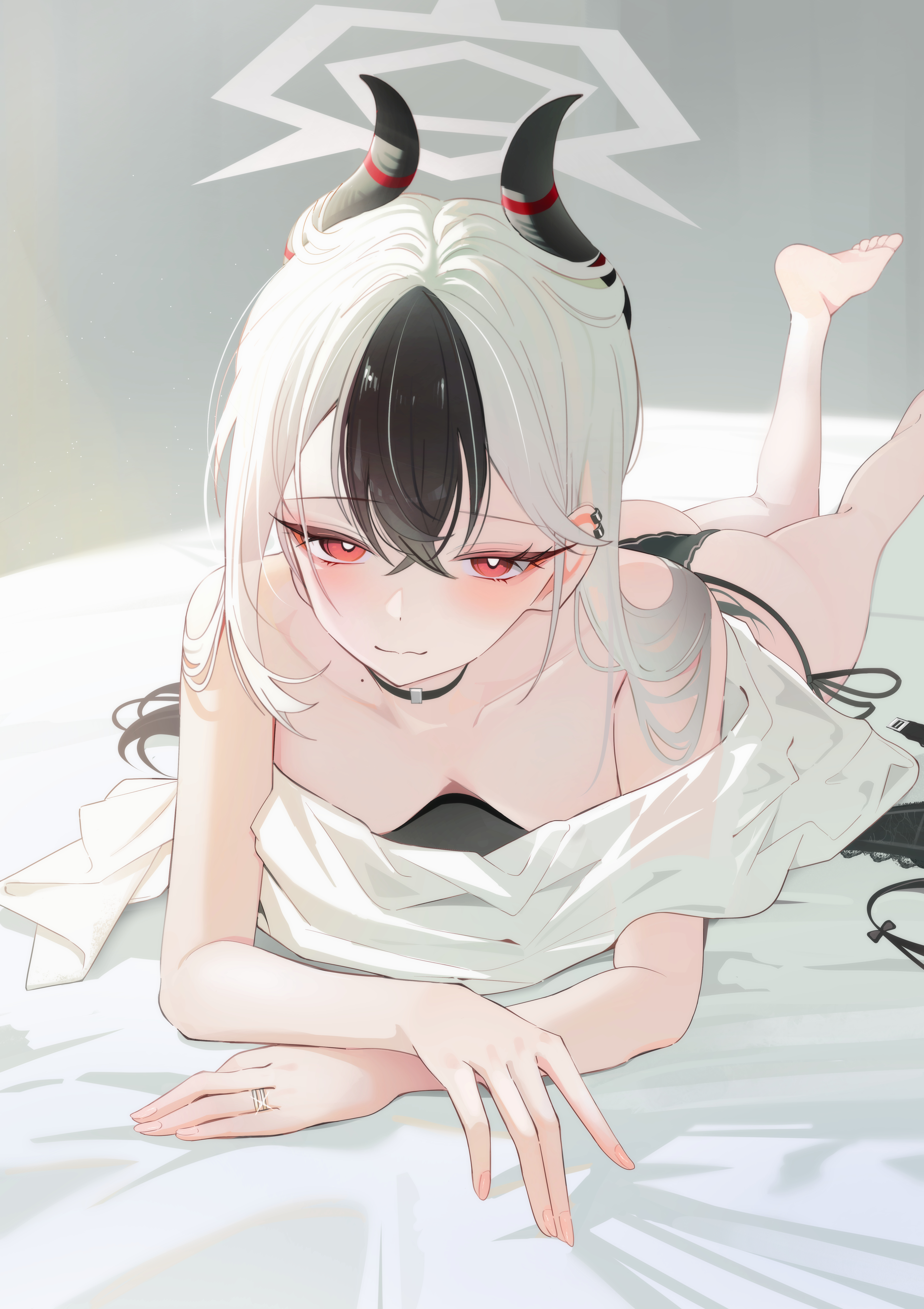 1girl, 1girls, absurd res, ass, barefoot, black choker, blue archive, breasts, choker, demon girl, demon horns, downblouse, halo, hanging breasts, highres, horns, kayoko (blue archive), long hair, looking at viewer, lying, on stomach, panties, red eyes, sikimosh, small breasts, solo, solo female, solo focus, underwear, white hair