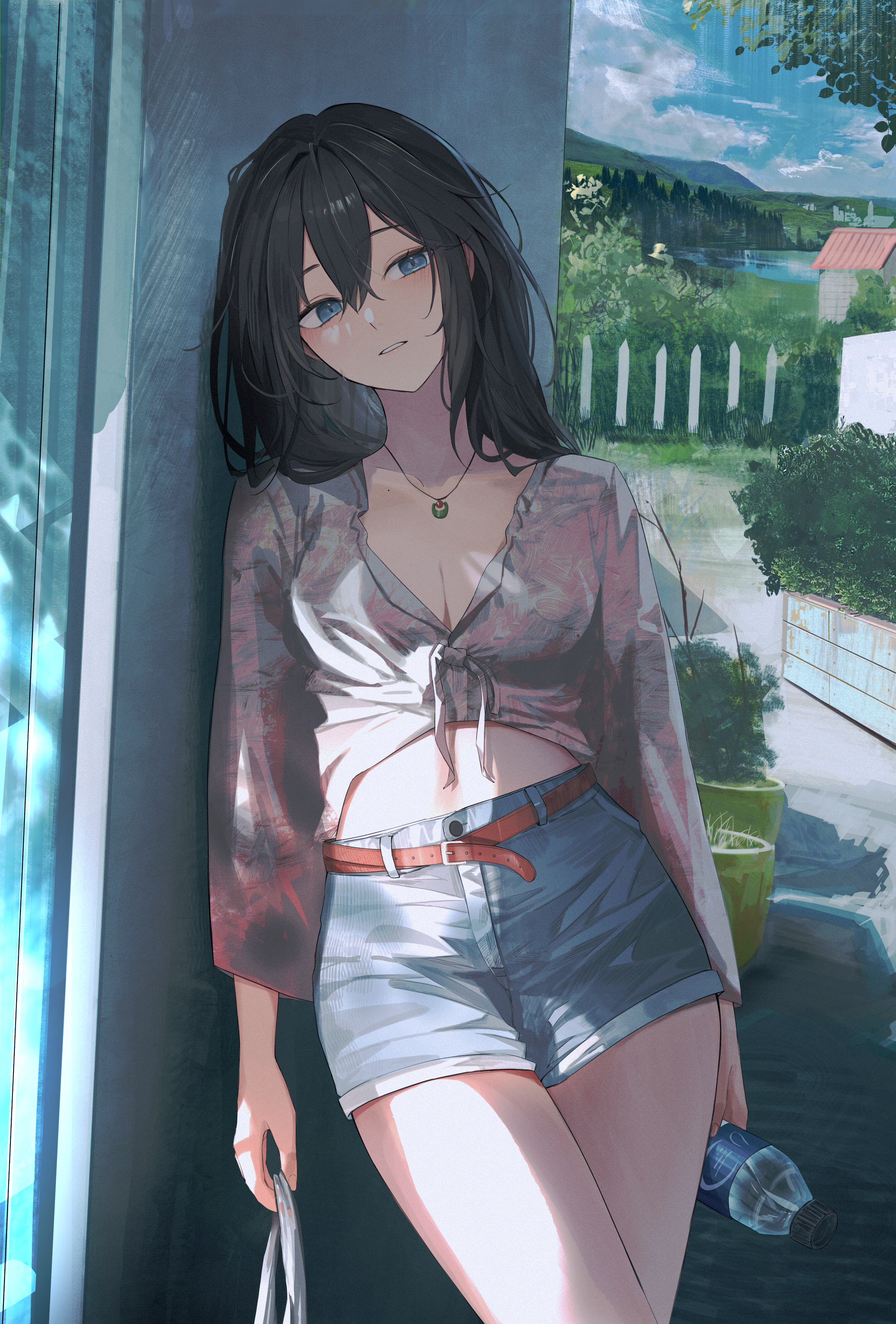 1girl, 1girls, absurd res, artist request, bag, belt, black hair, blue eyes, bottle, breasts, building, cleavage, cloud, cowboy shot, crop top, day, denim, denim shorts, female, hedge, highres, holding, holding bag, jewelry, lake, leaning on wall, midriff, navel, necklace, open mouth, original, original character, outdoors, potted plant, shade, shirt, short shorts, shorts, sideways glance, sky, solo, solo female, solo focus, summer, tree, water bottle