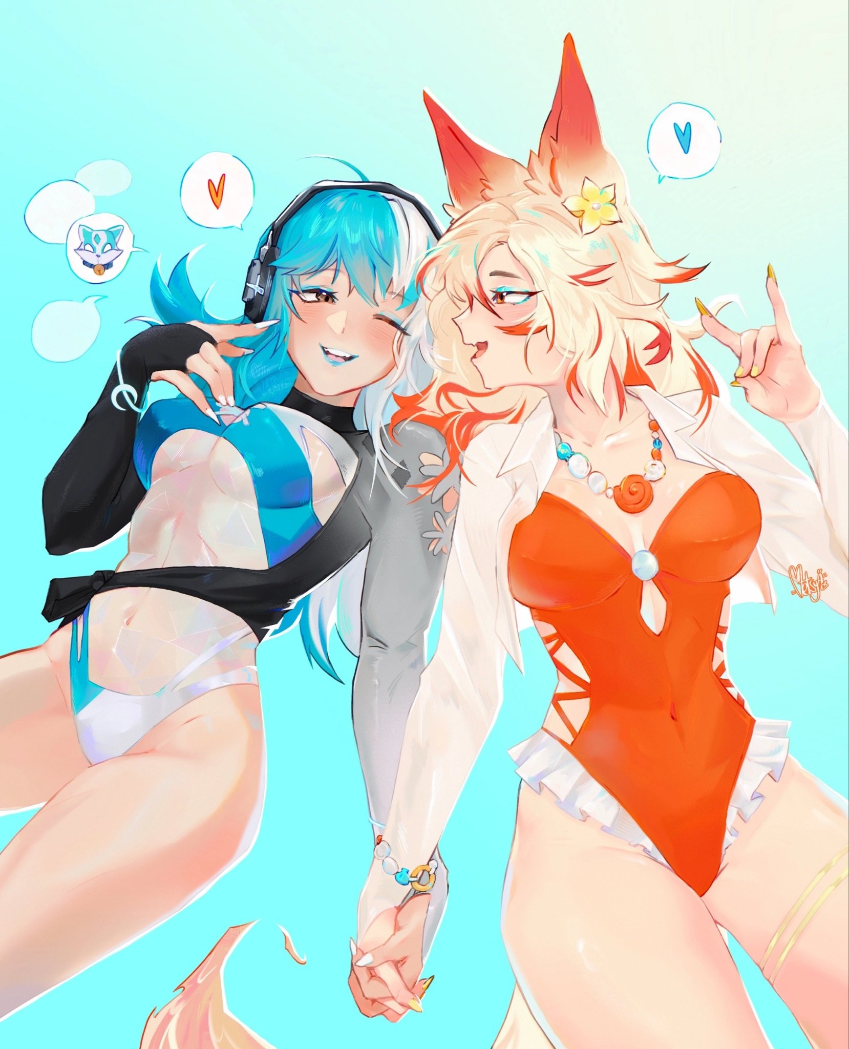 2d, 2girls, clothed, female, fox ears, fox tail, fully clothed, holding, holding hands, long hair, luna snow, luna snow (cool summer), luna snow (marvel rivals), marvel, marvel rivals, multicolored eyes, multicolored hair, orange swimsuit, swimsuit, tail, white fox (coastal kumiho), white fox (marvel rivals), white fox (marvel), white hair, white swimsuit, yuri