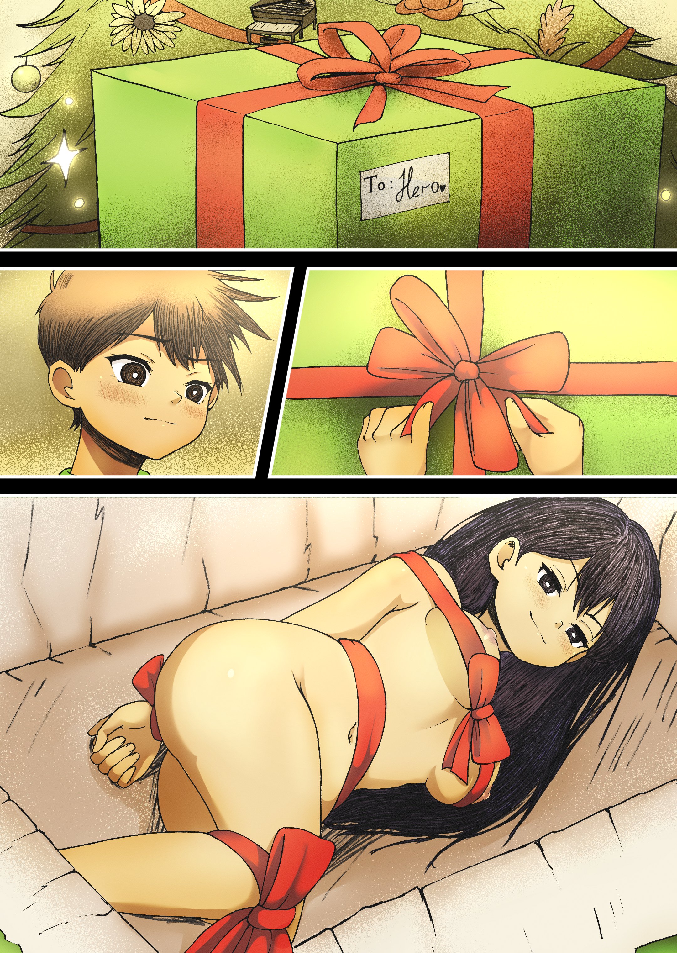 christmas outfit, hero (omori), mari (omori), omori, present box, present wrap, straight, tied up, vegasvat