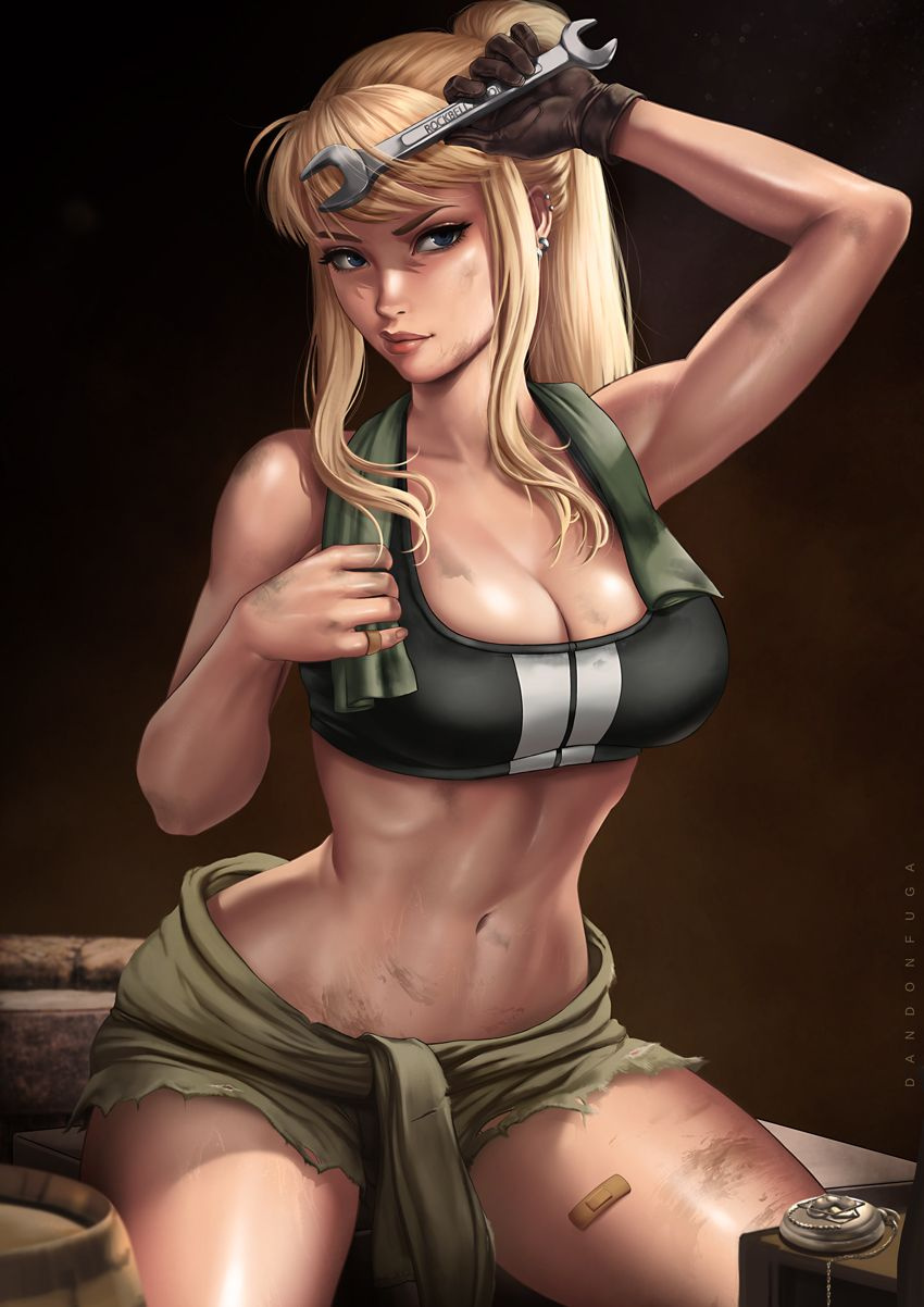 abs, big breasts, breasts, cleavage, dandon fuga, female, female only, fullmetal alchemist, fullmetal alchemist brotherhood, large breasts, looking at viewer, muscles, muscular, muscular female, pinup, solo, winry rockbell